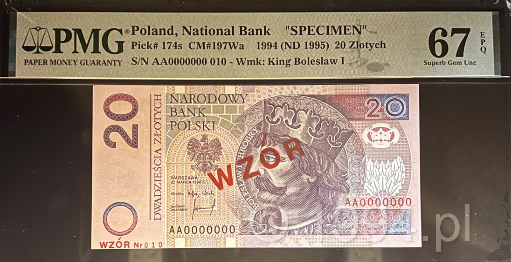 Polska 1994 — 20 Złotych, Narodowy Bank Polski WZÓR, numer 010 (Pick 174s) Unikat
