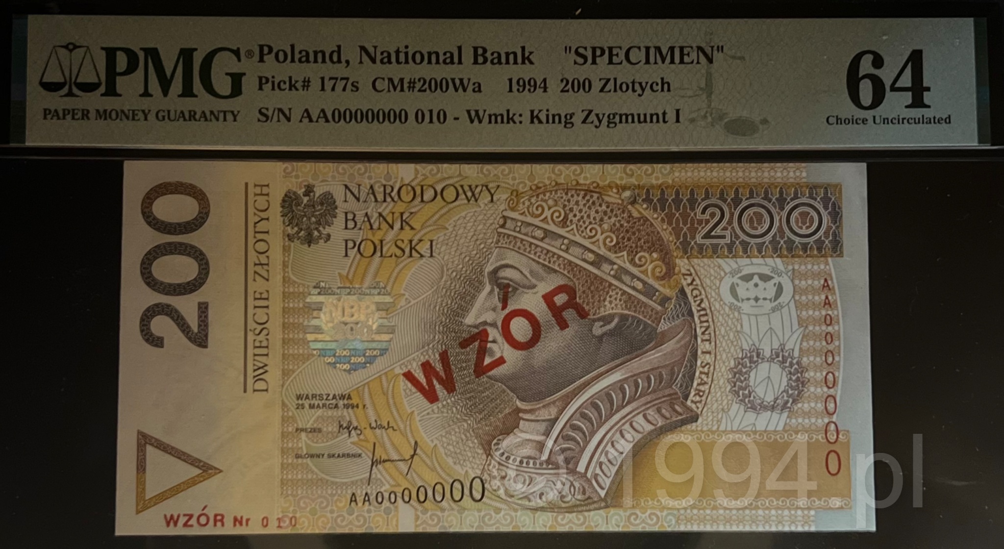 Polska 1994 — 200 Złotych, Narodowy Bank Polski WZÓR, numer 010 (Pick 177s) Unikat