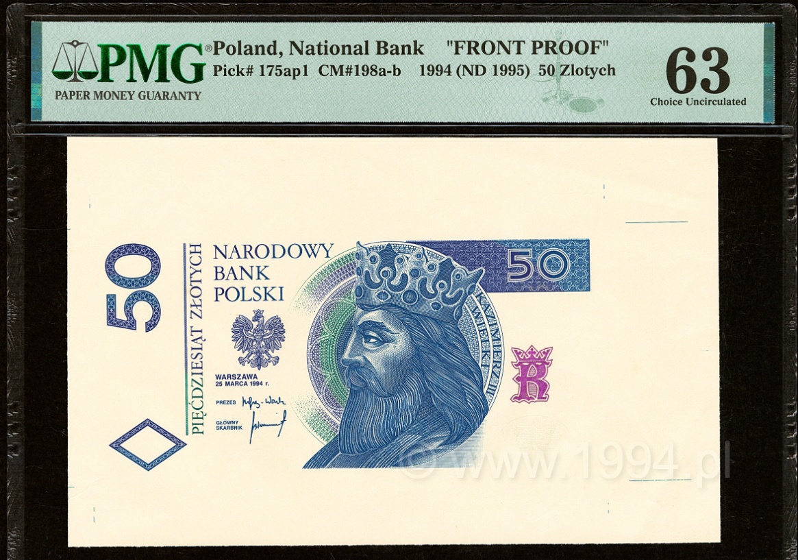 Poland 1994 — 50 Złotych Front Proof (Pick 175ap1, PMG 63 Choice Uncirculated, Top Pop)