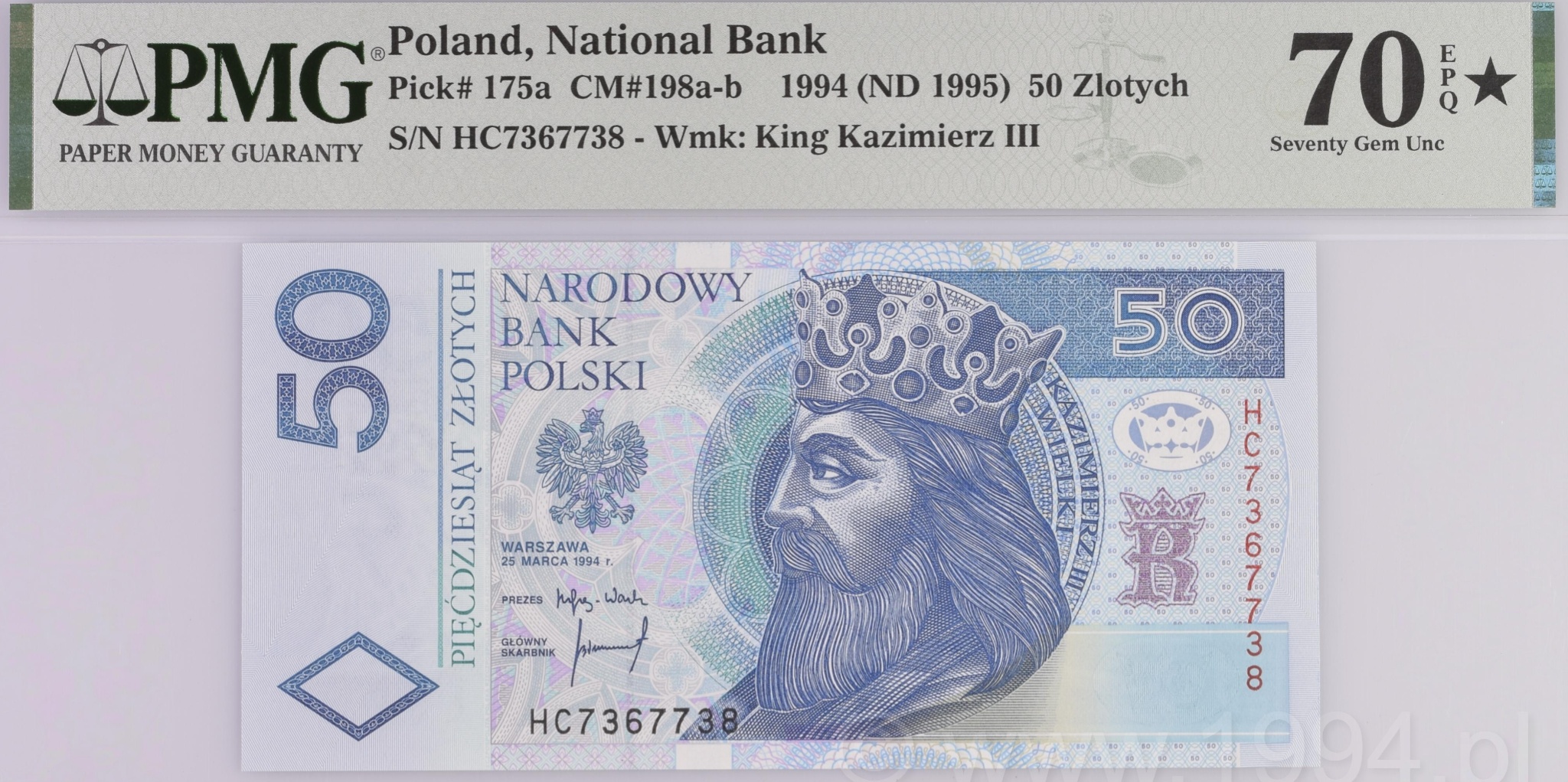Poland 1994 50 Zlotych Pick 175a PMG 70 EPQ Star Top Pop, serial HC7367738