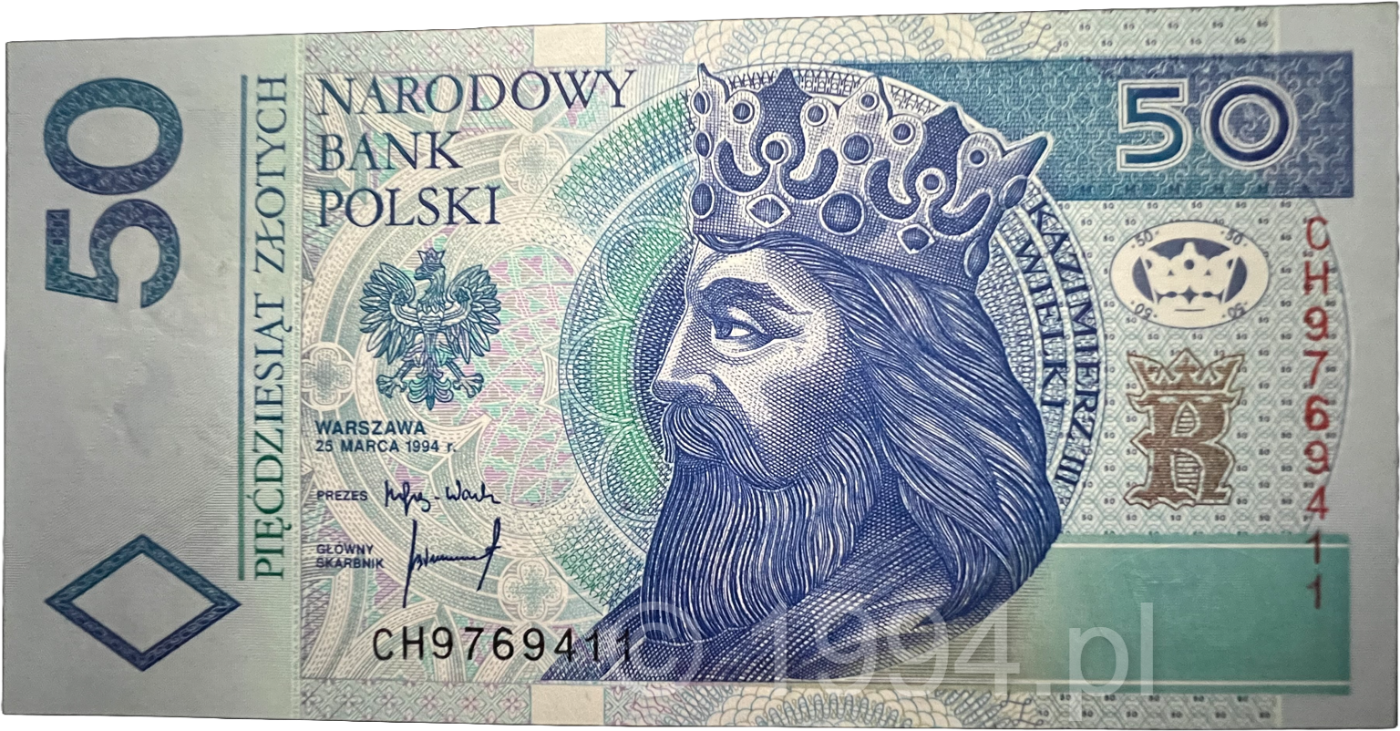 Poland 1994 50 Zlotych rare London print C-prefix issued note, serial CH9769411, cataloged as Pick 175a and Milczak 198A, printed by Thomas De La Rue London for Narodowy Bank Polski, depicting King Kazimierz III Wielki with modern post-redenomination security design