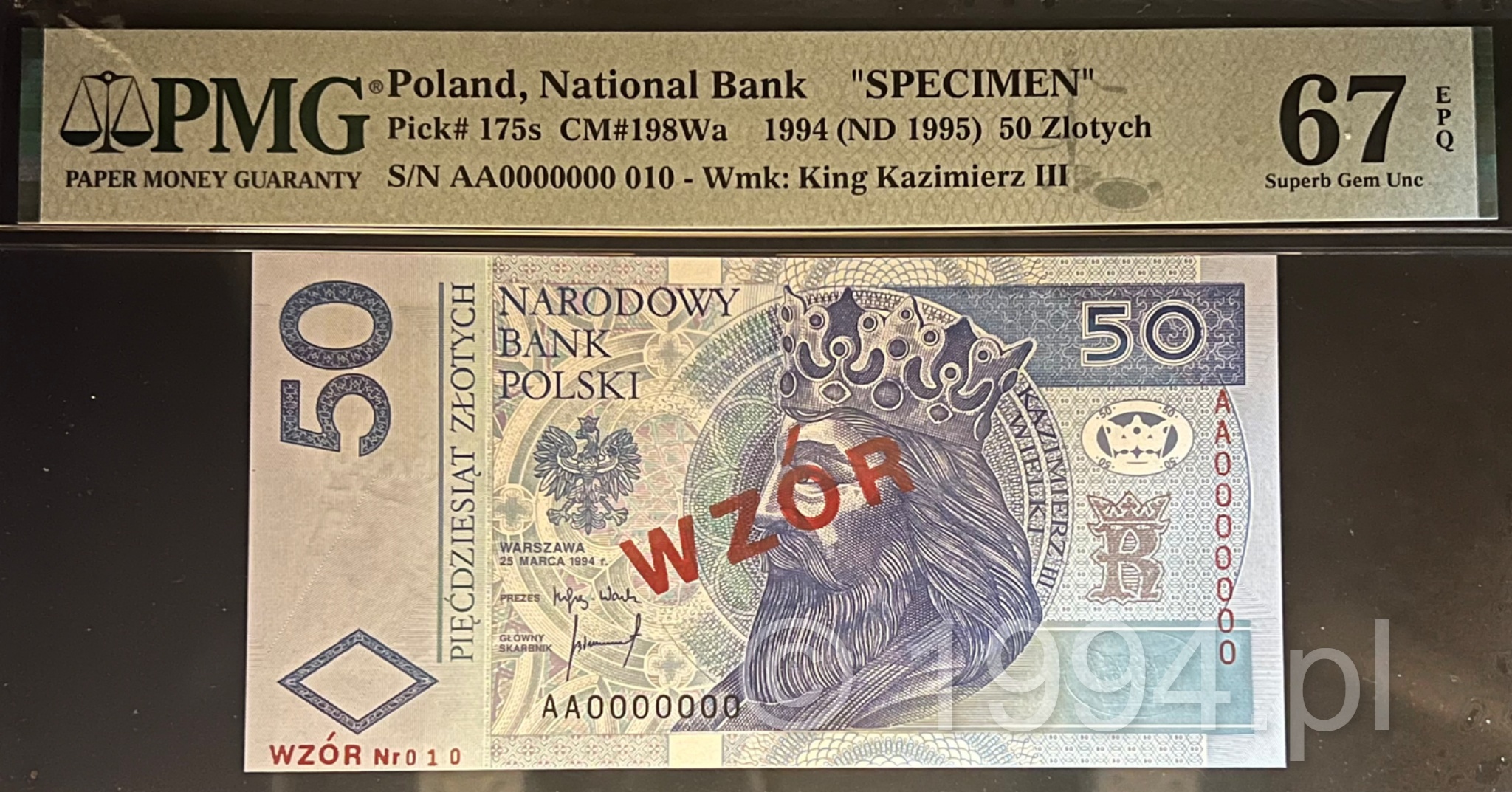 Polska 1994 — 50 Złotych, Narodowy Bank Polski WZÓR, numer 010 (Pick 175s) Unikat