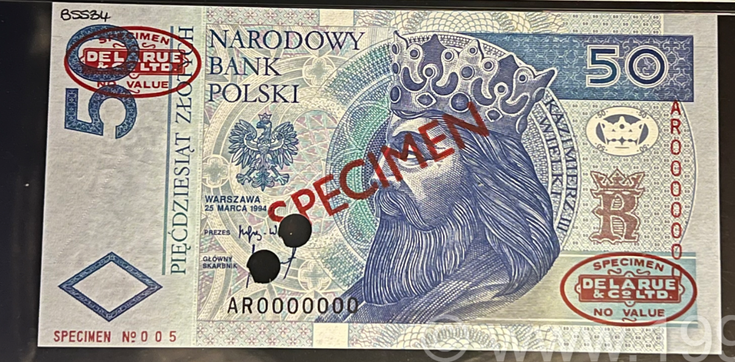 1994 Poland 50 Zł — Red Overprint specimen (SPECIMEN + NO VALUE)
