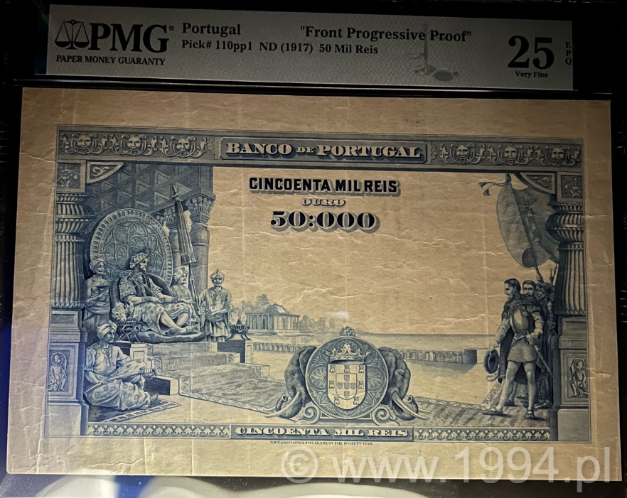 Portugal 50 Mil Réis front progressive proof, ND (1917), Pick 110pp1, PMG 25 EPQ