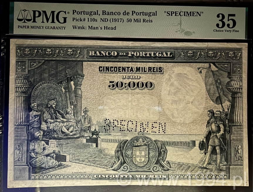 Portugal 50 Mil Réis Specimen, ND (1917), Pick 110s, PMG 35