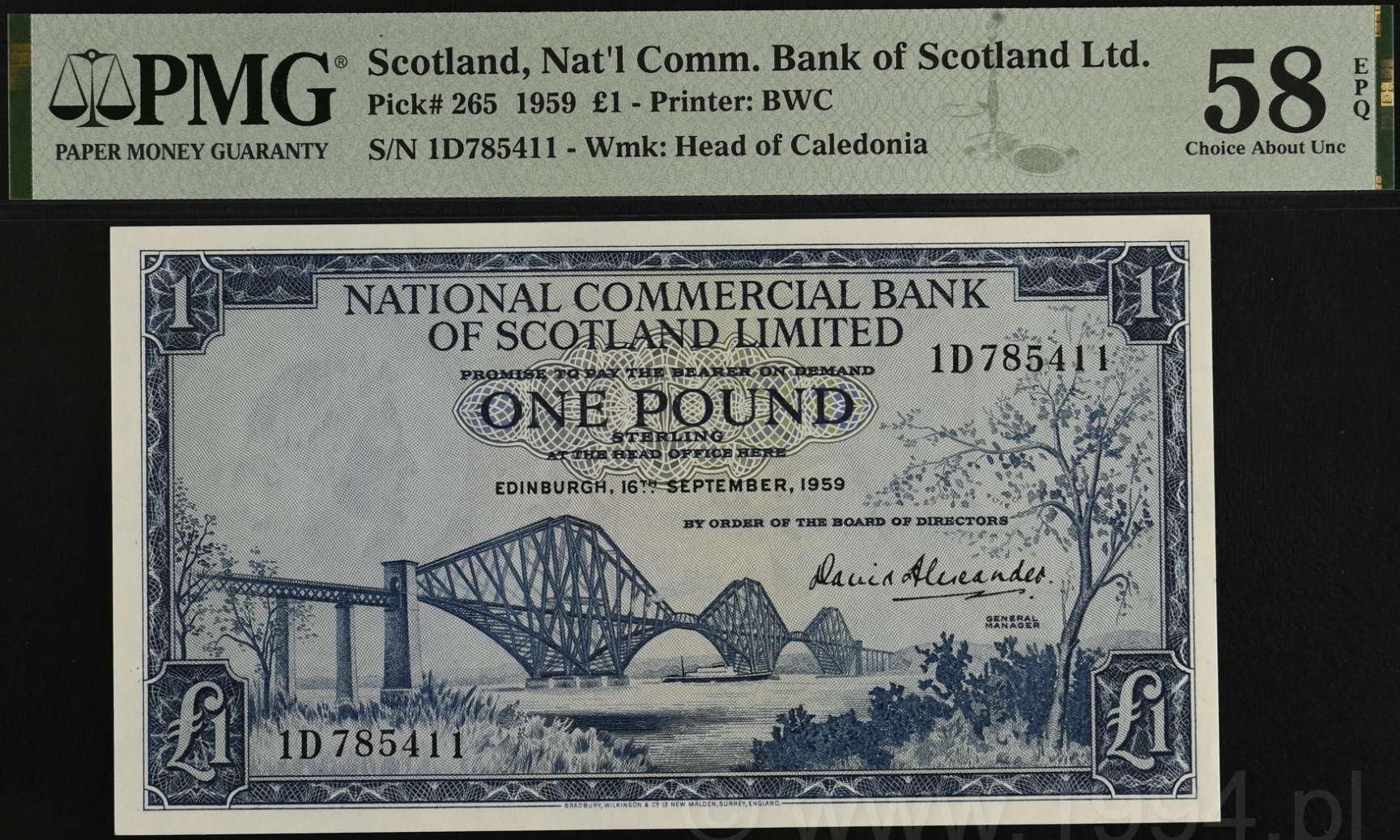 Scotland 1959 National Commercial Bank of Scotland £1, Pick 265, PMG 58 EPQ