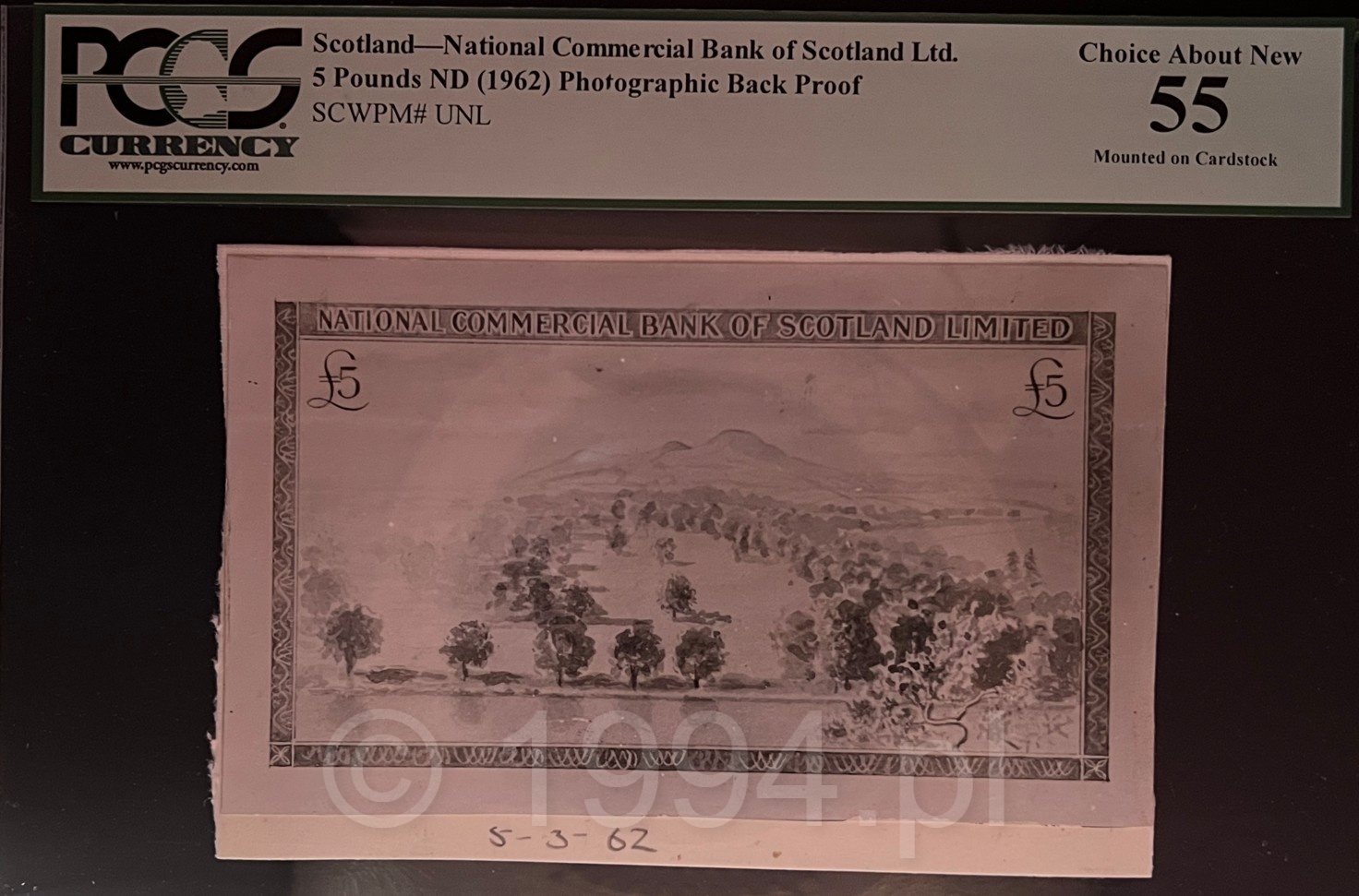 Scotland 1962 National Commercial Bank of Scotland Limited 5 Pounds photographic back proof, landscape reverse design, Pick Unlisted, graded PCGS 55 Choice About New, mounted on card stock and preserving an alternate reverse concept for the 5 Pounds design group