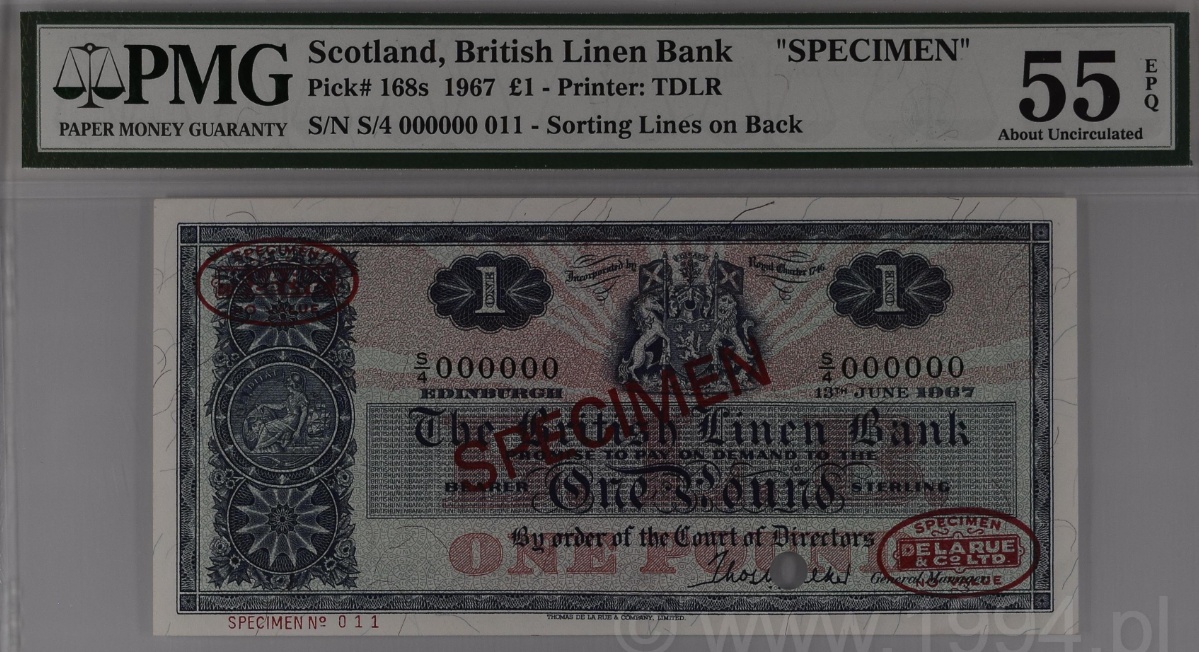 Scotland 1967 British Linen Bank £1 Specimen, Pick 168s, PMG 55 EPQ