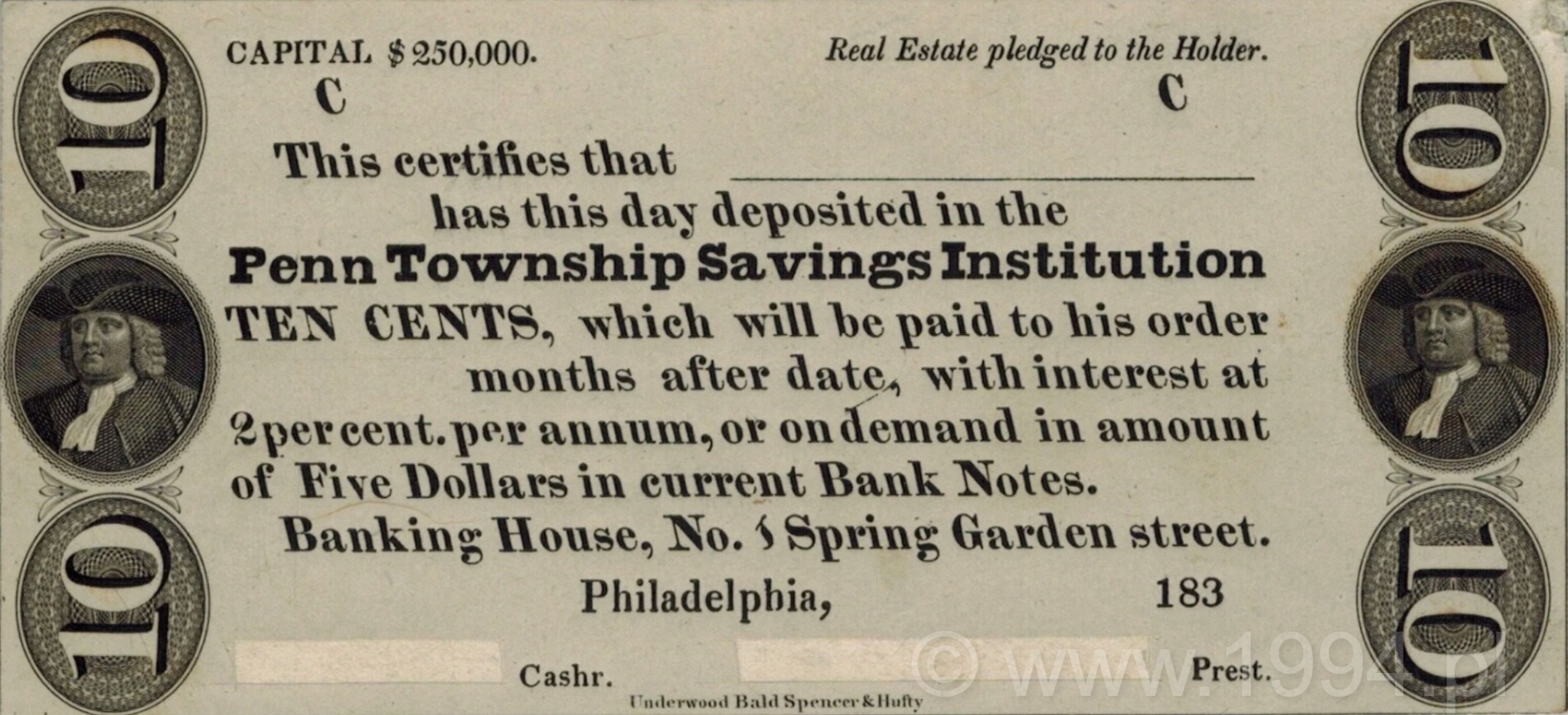 United States 1830s — Pennsylvania, Philadelphia — Penn Township Savings Institution 10 Cents Proof (Unlisted)