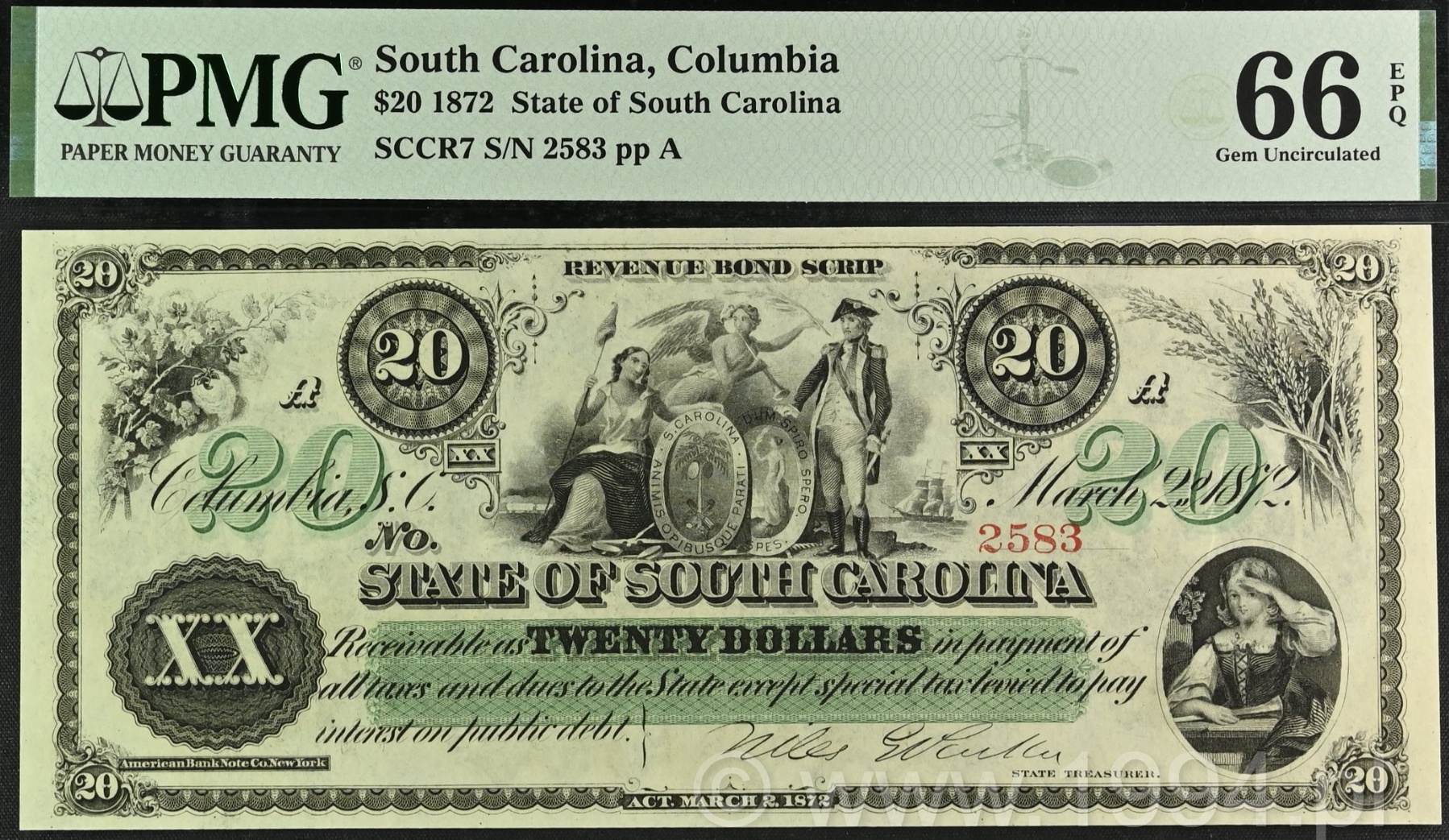 United States 1872 State of South Carolina 20 Dollars Revenue Bond Scrip Columbia Act March 2 1872 PMG 66 EPQ Gem Uncirculated