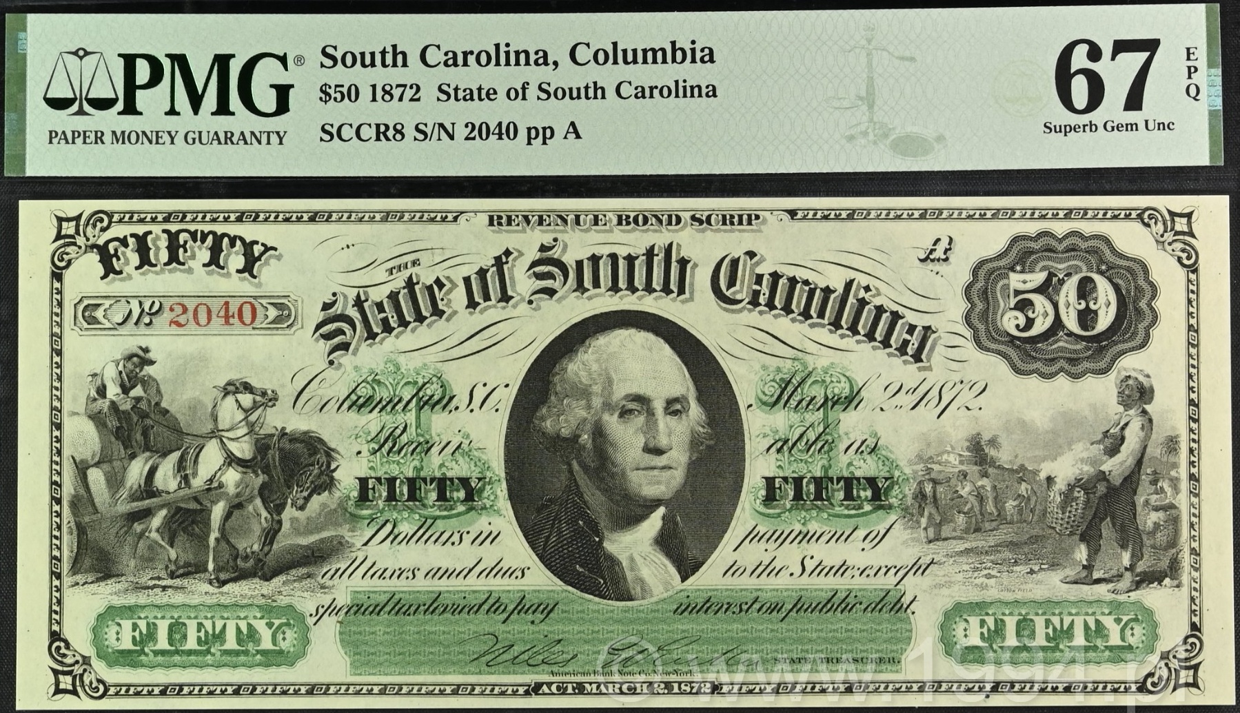 United States 1872 State of South Carolina 50 Dollars Revenue Bond Scrip Columbia Act March 2 1872 PMG 67 EPQ Superb Gem Uncirculated