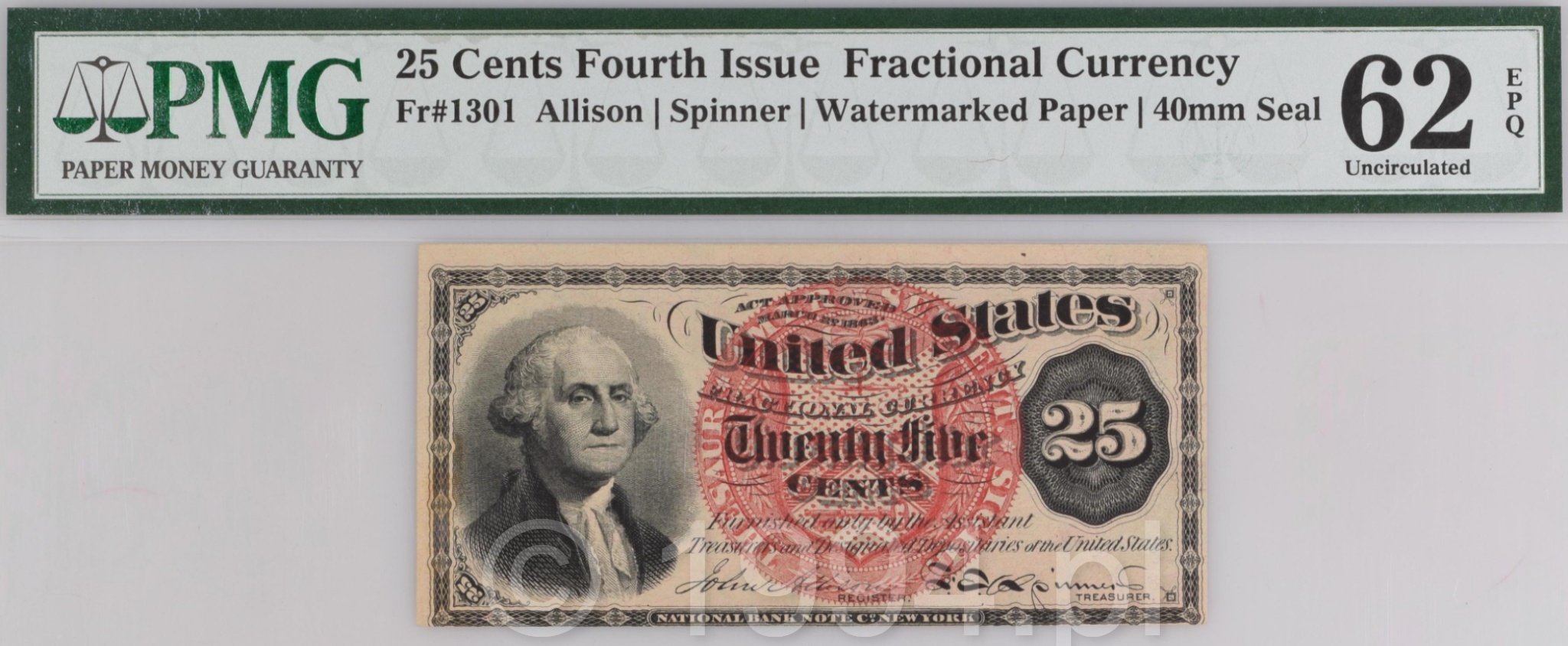 United States 1875 — Fourth Issue Fractional Currency, 25 Cents, Watermarked Paper, 40mm Seal (Friedberg 1301, Allison-Spinner)