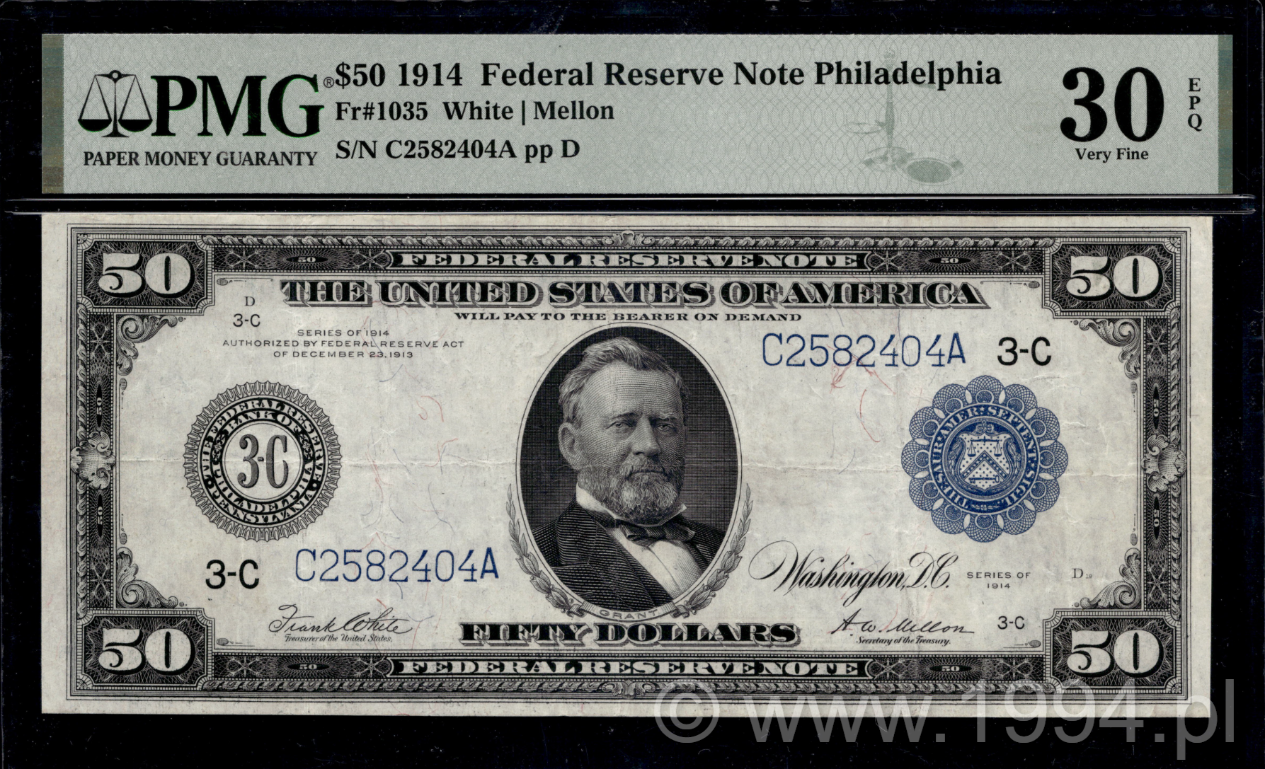 United States 1914 50 Dollars Federal Reserve Note Philadelphia District Fr 1035 White Mellon PMG 30 EPQ