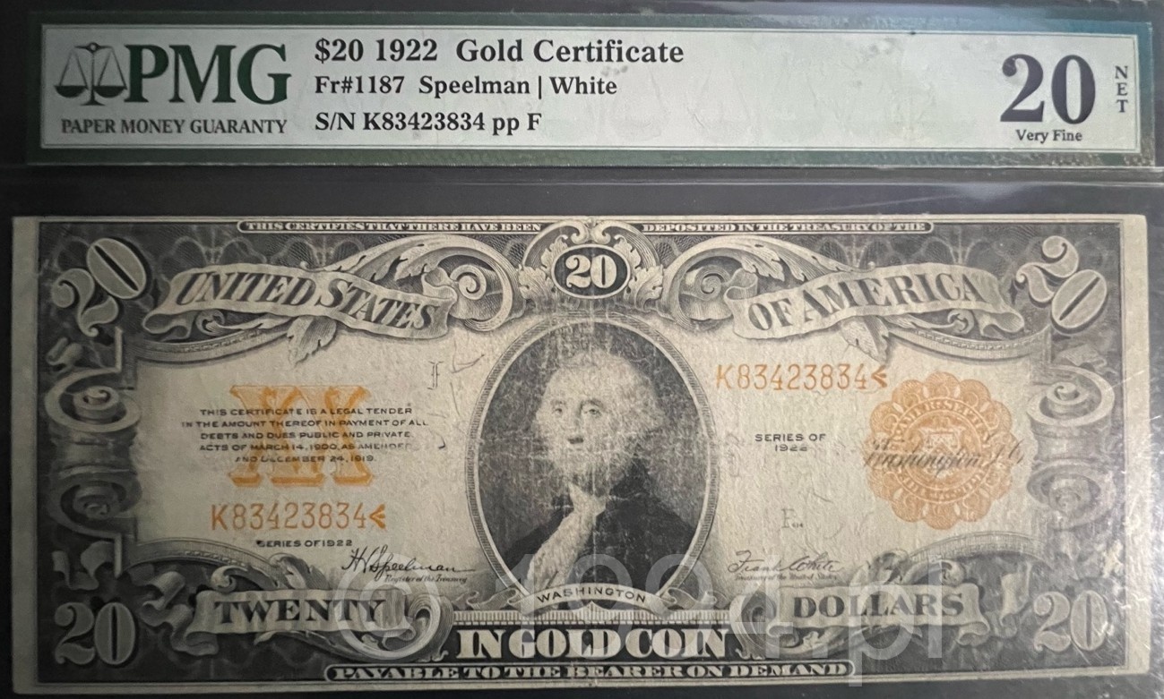 United States 1922 — 20 Dollars Gold Certificate (Friedberg 1187), PMG 20 Very Fine