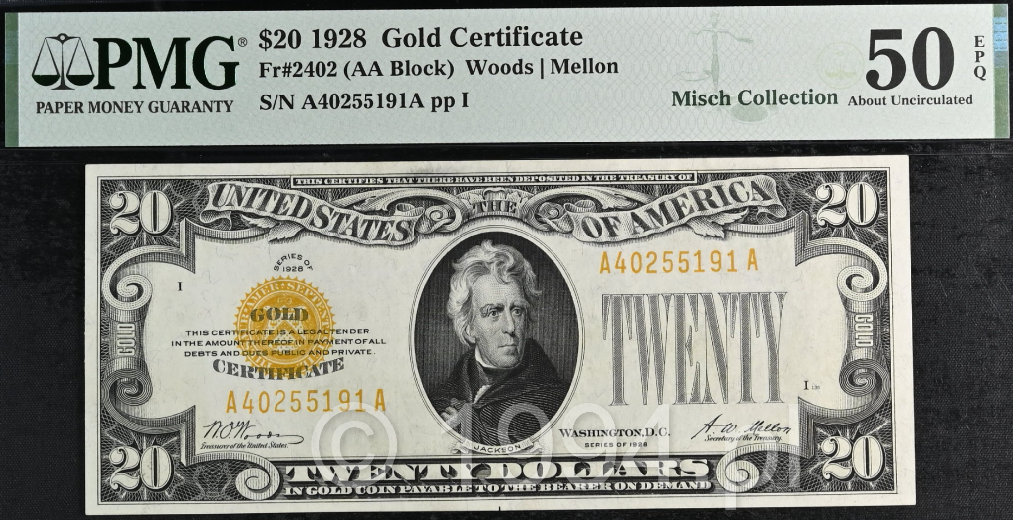 United States 1928 — 20 Dollars Gold Certificate (Friedberg 2402, AA Block), PMG 50 EPQ About Uncirculated