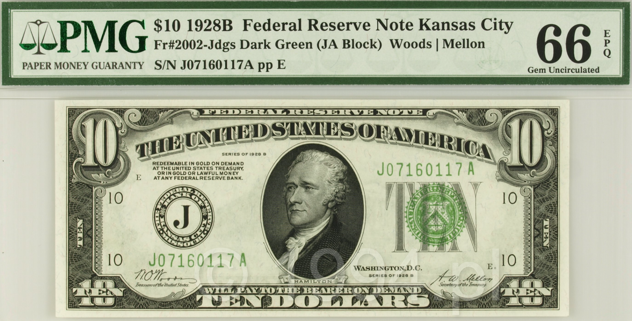 United States 1928B — 10 Dollars Federal Reserve Note, Kansas City District, Dark Green Seal, JA Block (Friedberg 2002-Jdgs), PMG 66 EPQ Gem Uncirculated