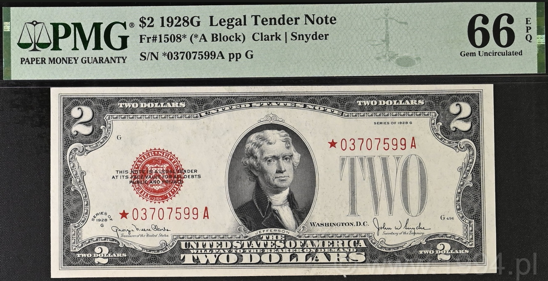 United States 1928G 2 Dollars Legal Tender Note with red seal and star replacement serial number *03707599A, PMG 66 EPQ Gem Uncirculated, featuring Thomas Jefferson portrait and vivid red overprints