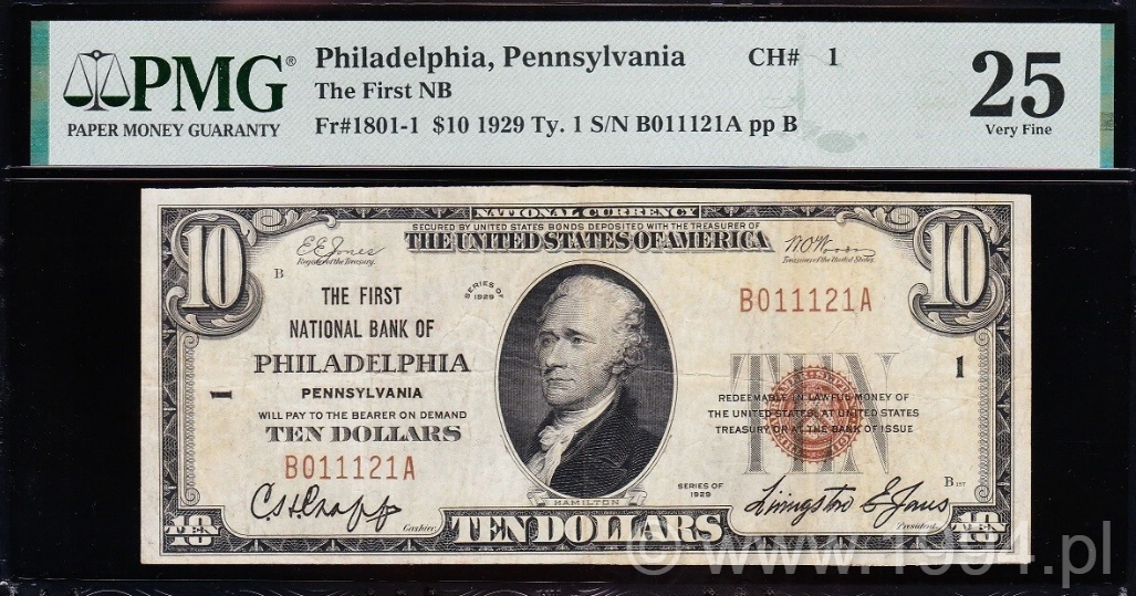 United States 1929 Type 1 - 10 Dollars National Bank Note The First National Bank of Philadelphia Pennsylvania Fr 1801-1 Charter 1 PMG 25 Very Fine