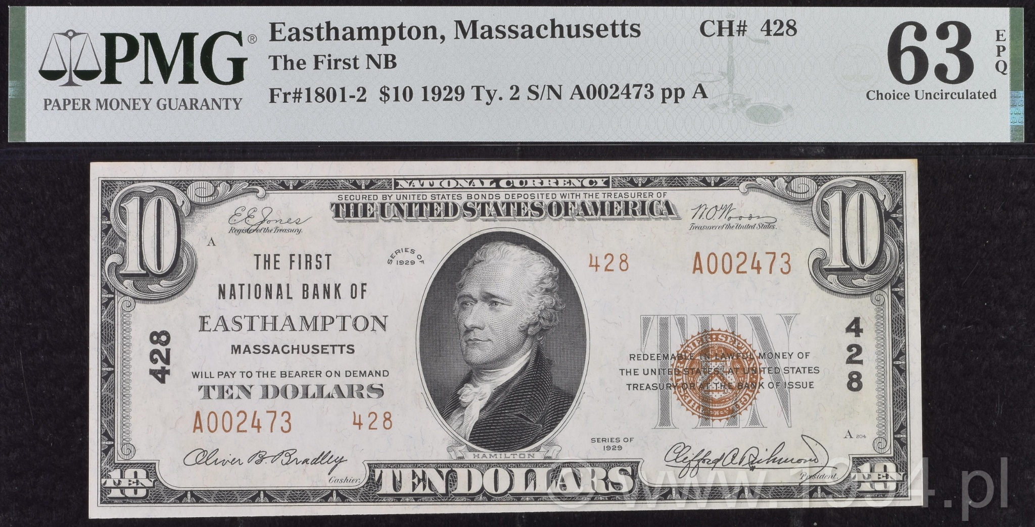 United States 1929 Type 2 - 10 Dollars National Bank Note The First National Bank of Easthampton Massachusetts Fr 1801-2 Chapter 428 PMG 63 EPQ