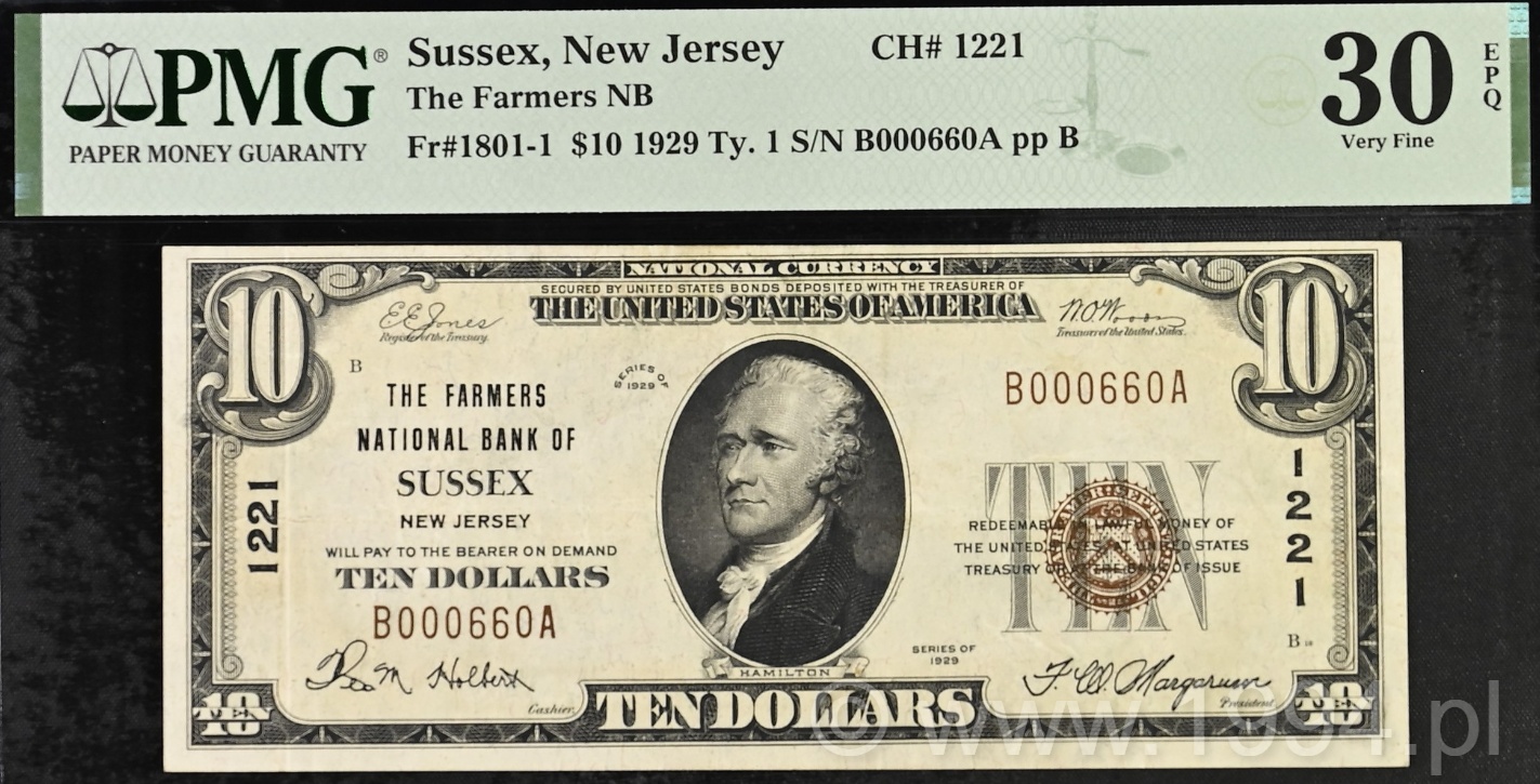 United States 1929 Type 1 - 10 Dollars National Bank Note The Farmers National Bank of Sussex New Jersey Fr 1801-1 CH 1221 PMG 30 EPQ