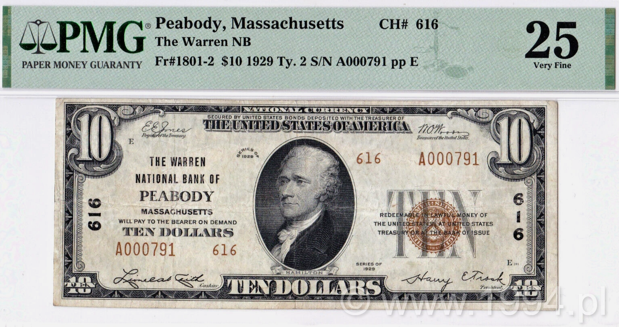 United States 1929 Type 2 - 10 Dollars National Bank Note The Warren National Bank of Peabody Massachusetts Fr 1801-2 CH 616 PMG 25 Very Fine