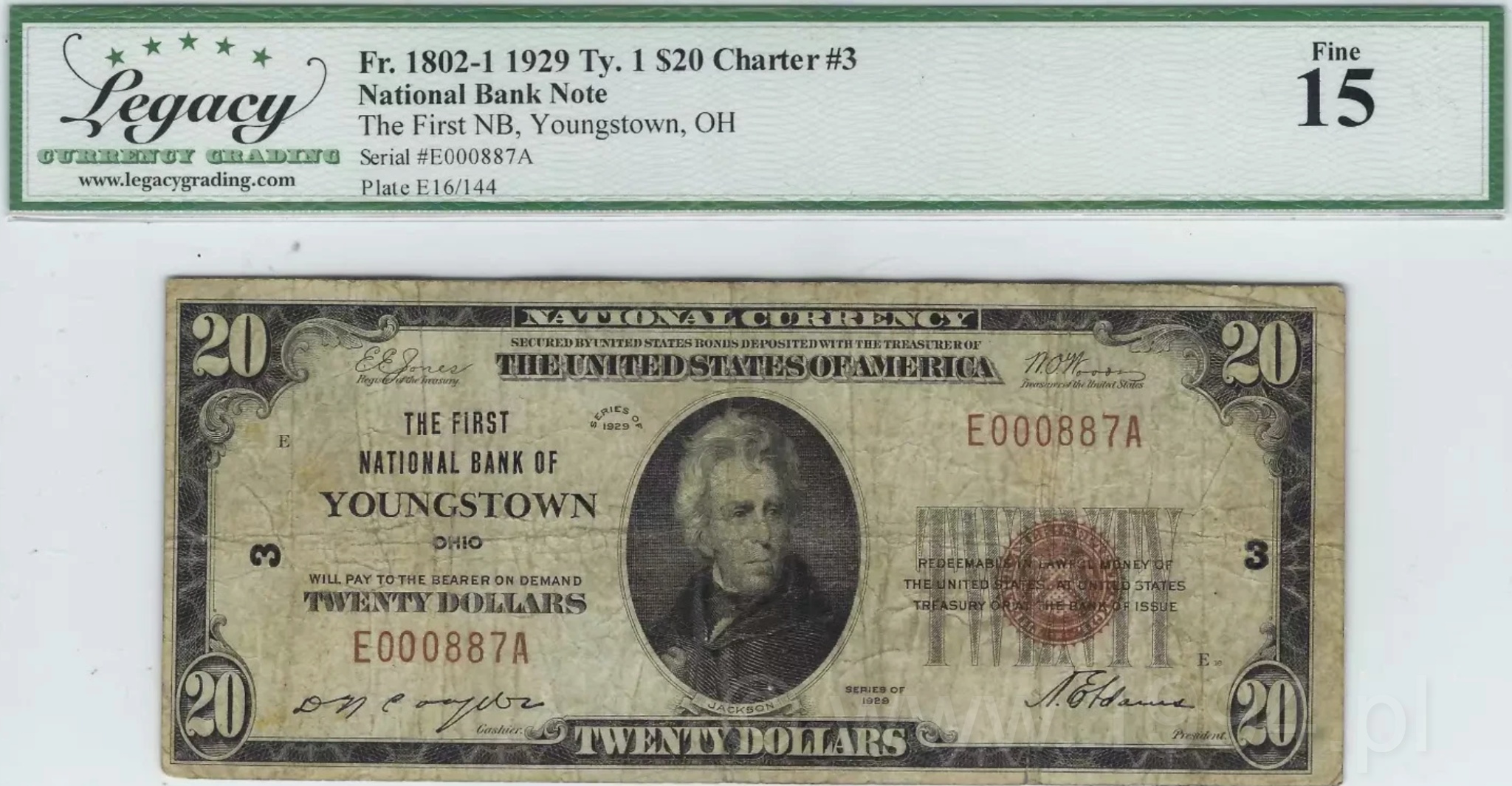 United States 1929 Type 1 20 Dollars National Bank Note from The First National Bank of Youngstown, Ohio, Charter 3, Friedberg 1802-1, Grading Fine 15