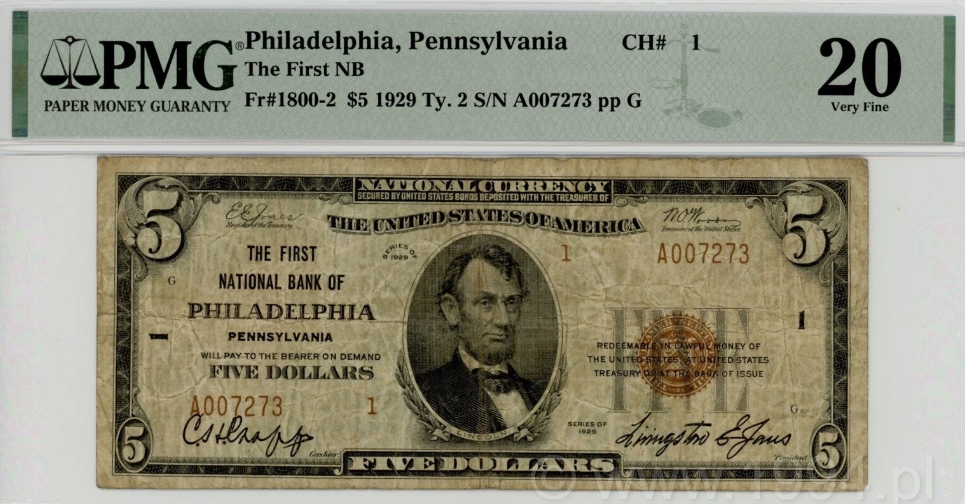 United States 1929 Type 2 - 5 Dollars National Bank Note The First National Bank of Philadelphia Pennsylvania Fr 1800-2 Charter 1 PMG 20 Very Fine