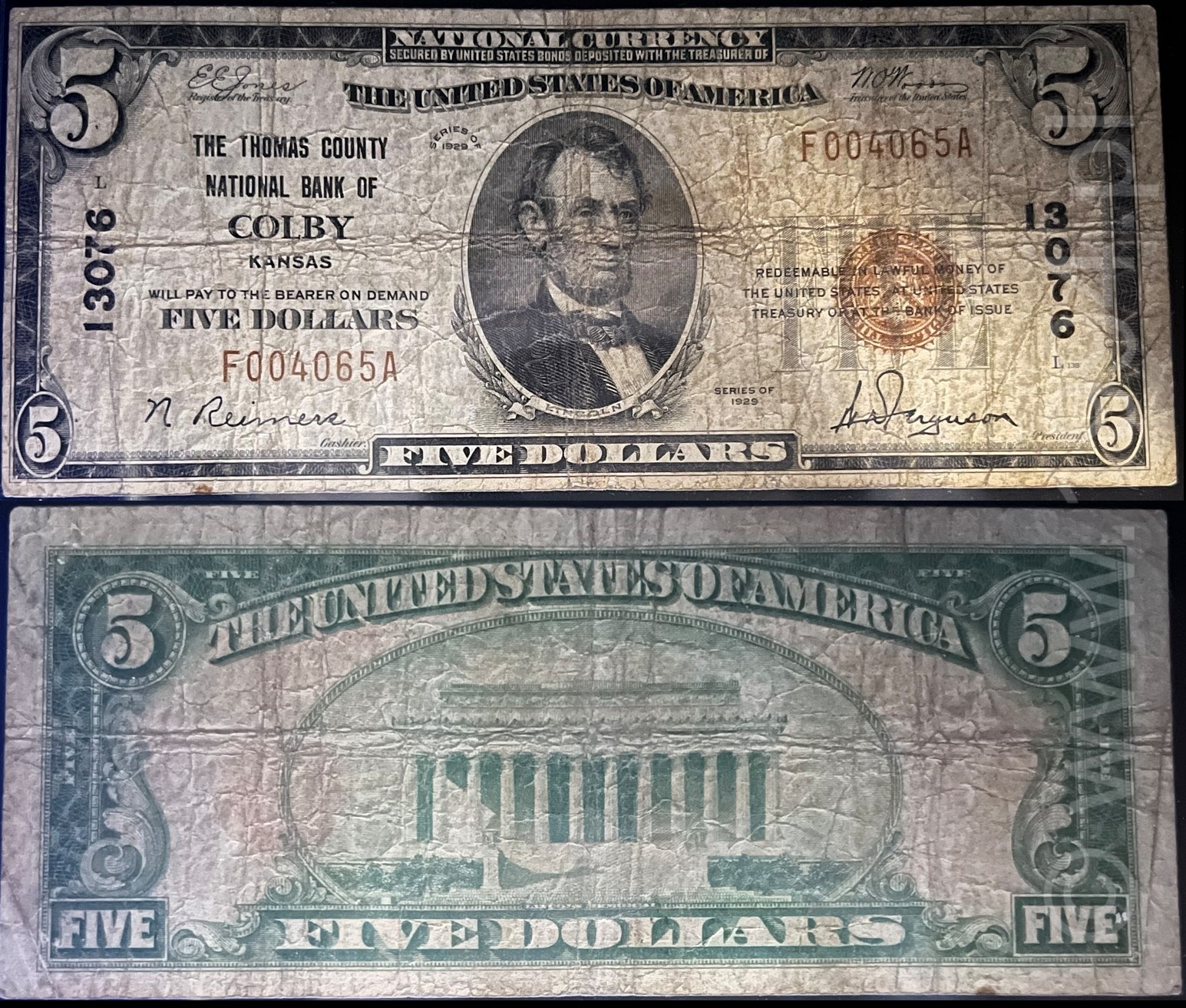 United States 1929 Type 1 - 5 Dollars National Bank Note The Thomas County National Bank of Colby Kansas Charter 13076 raw circulated example with signatures of N Reimers and W D Ferguson