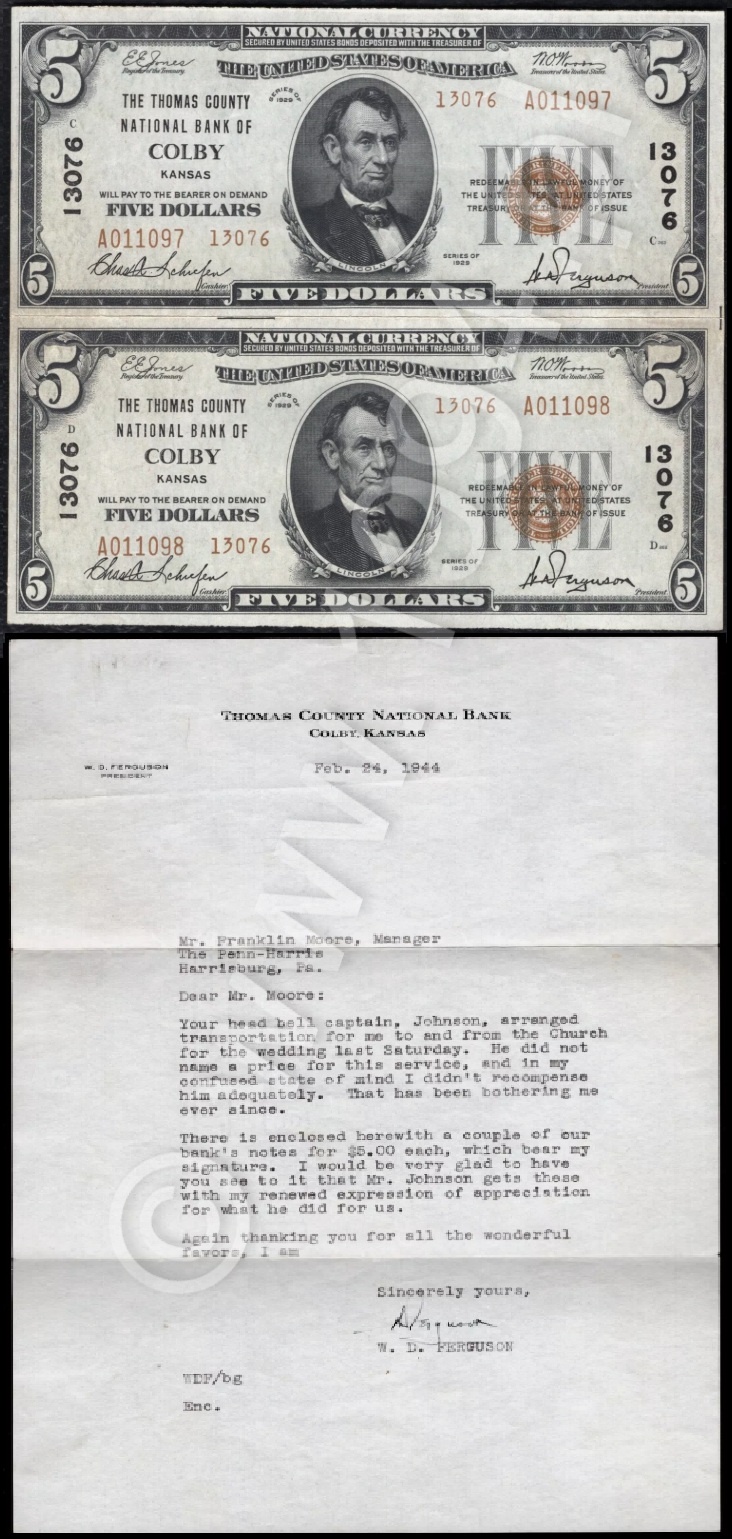 United States 1929 Type 2 uncut pair of 5 Dollars National Bank Notes from The Thomas County National Bank of Colby Kansas Charter 13076 with original 1944 W.D. Ferguson signed bank letter
