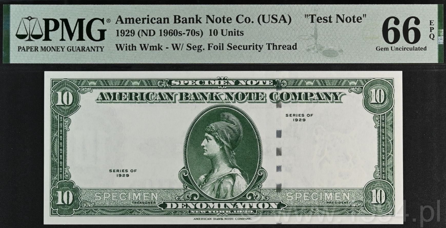 United States American Bank Note Company 10 Units green Series of 1929 specimen note with watermark and foil security thread PMG 66 EPQ Gem Uncirculated