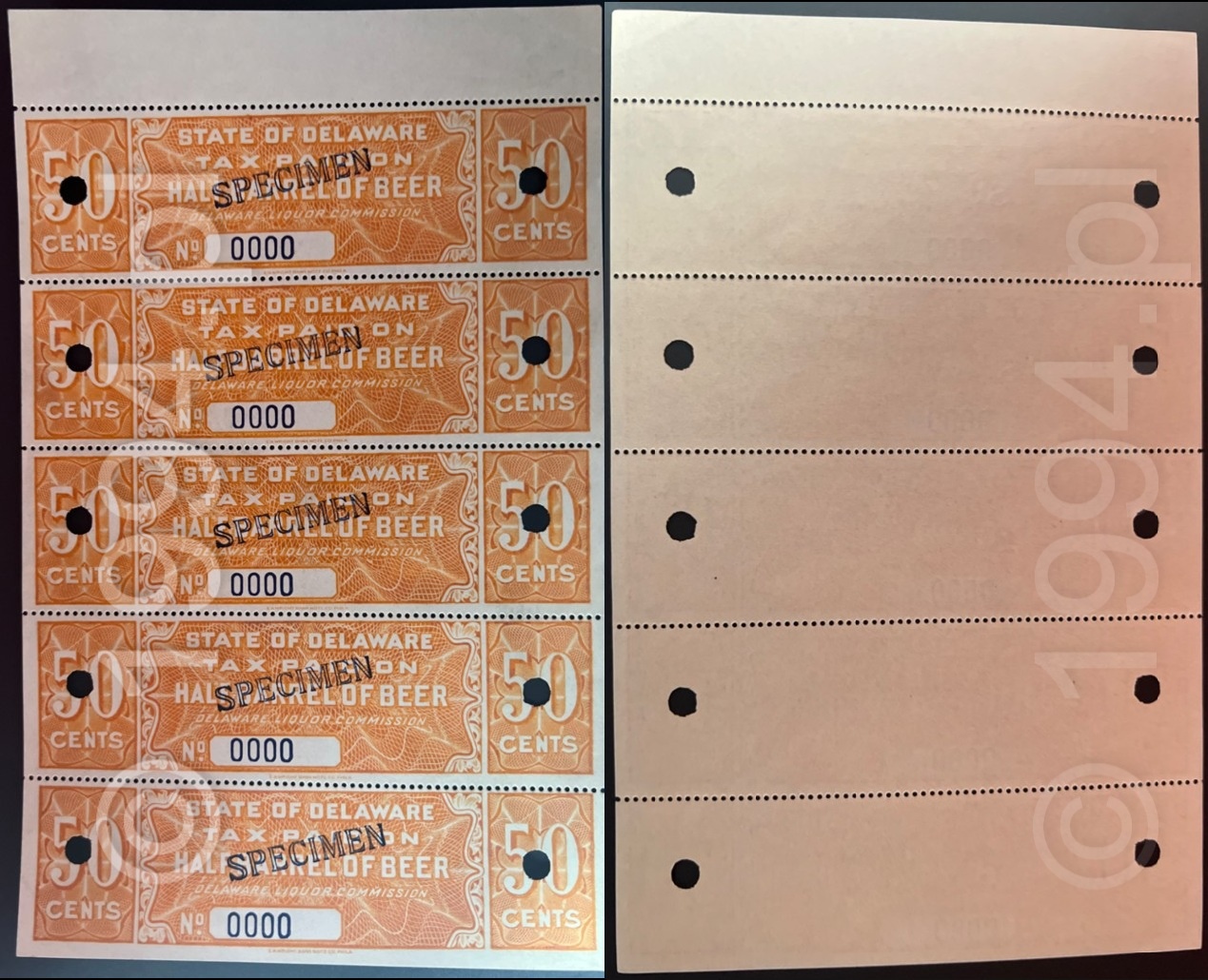 United States 1933 State of Delaware Tax Paid on Half Barrel of Beer fifty cents specimen strip of five orange engraved fiscal stamps with specimen overprint and punch cancellations, post Prohibition excise taxation