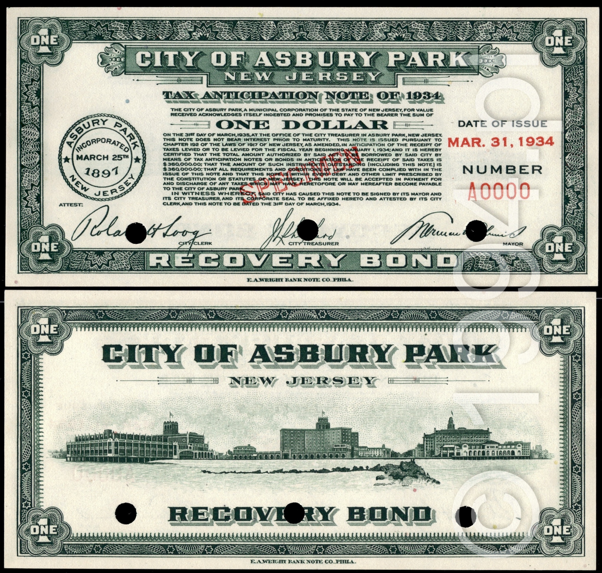 United States 1934 New Jersey City of Asbury Park Tax Anticipation Note One Dollar Recovery Bond specimen, green engraved design, serial A0000, Depression era municipal bond instrument