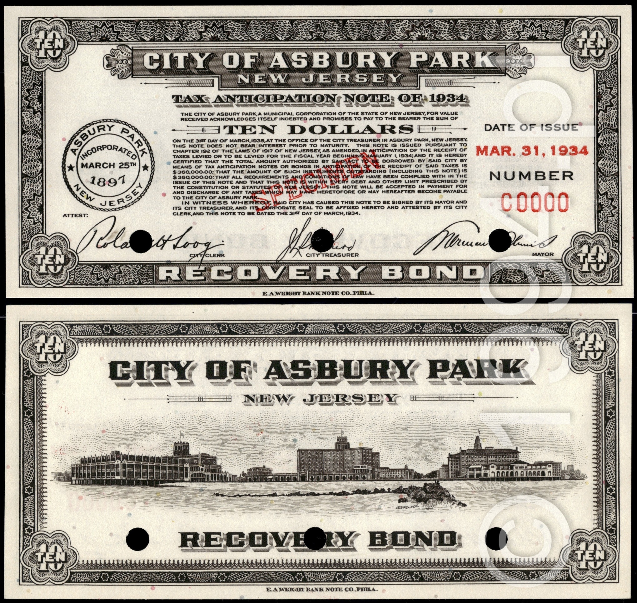 United States 1934 New Jersey City of Asbury Park Tax Anticipation Note Ten Dollars Recovery Bond specimen, black engraved design, serial C0000, Depression era municipal bond instrument