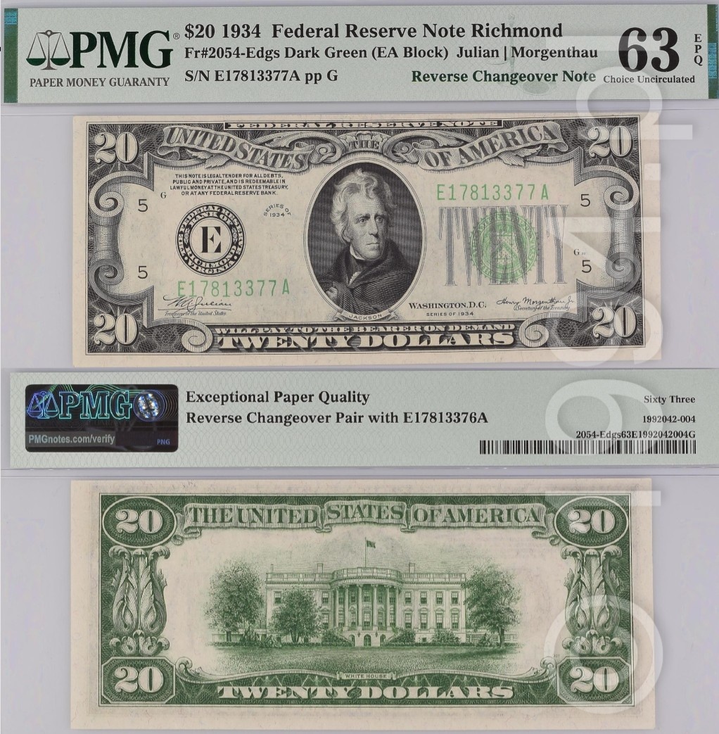 United States 1934 — Reverse Changeover, 20 Dollars Richmond, Dark Green, Serials E17813376A and E17813377A (Friedberg 2054-Edgs, EA Block)