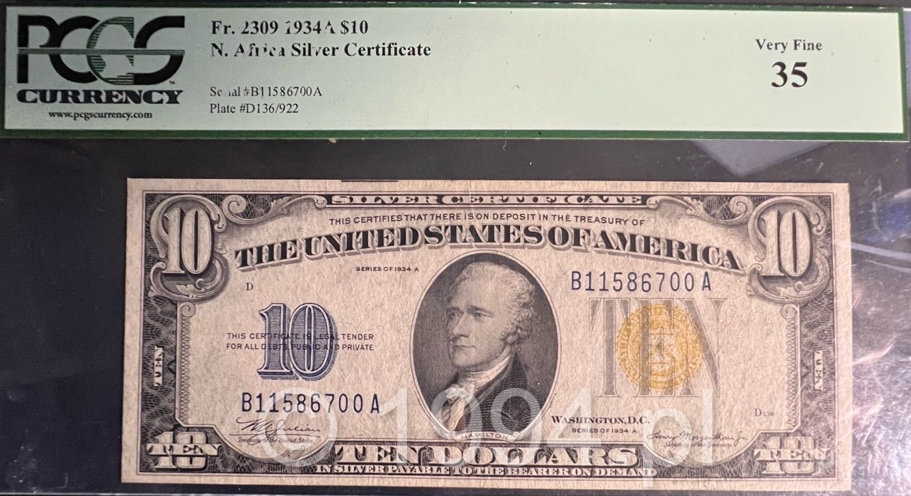 United States 1934A — 10 Dollars North Africa Silver Certificate (Friedberg 2309), PCGS 35 Very Fine