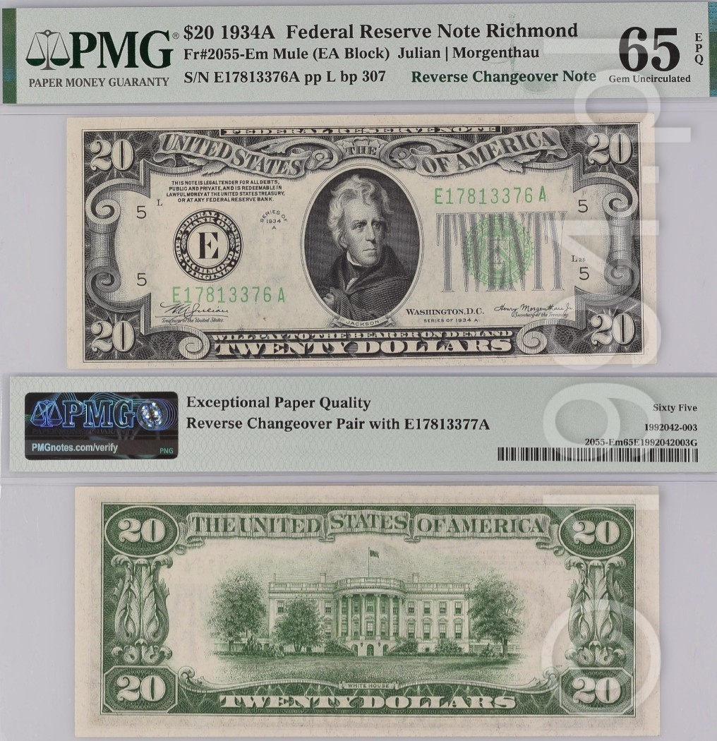 United States 1934A — Reverse Changeover Mule, 20 Dollars Richmond, Serials E17813376A and E17813377A (Friedberg 2055-Em, EA Block)