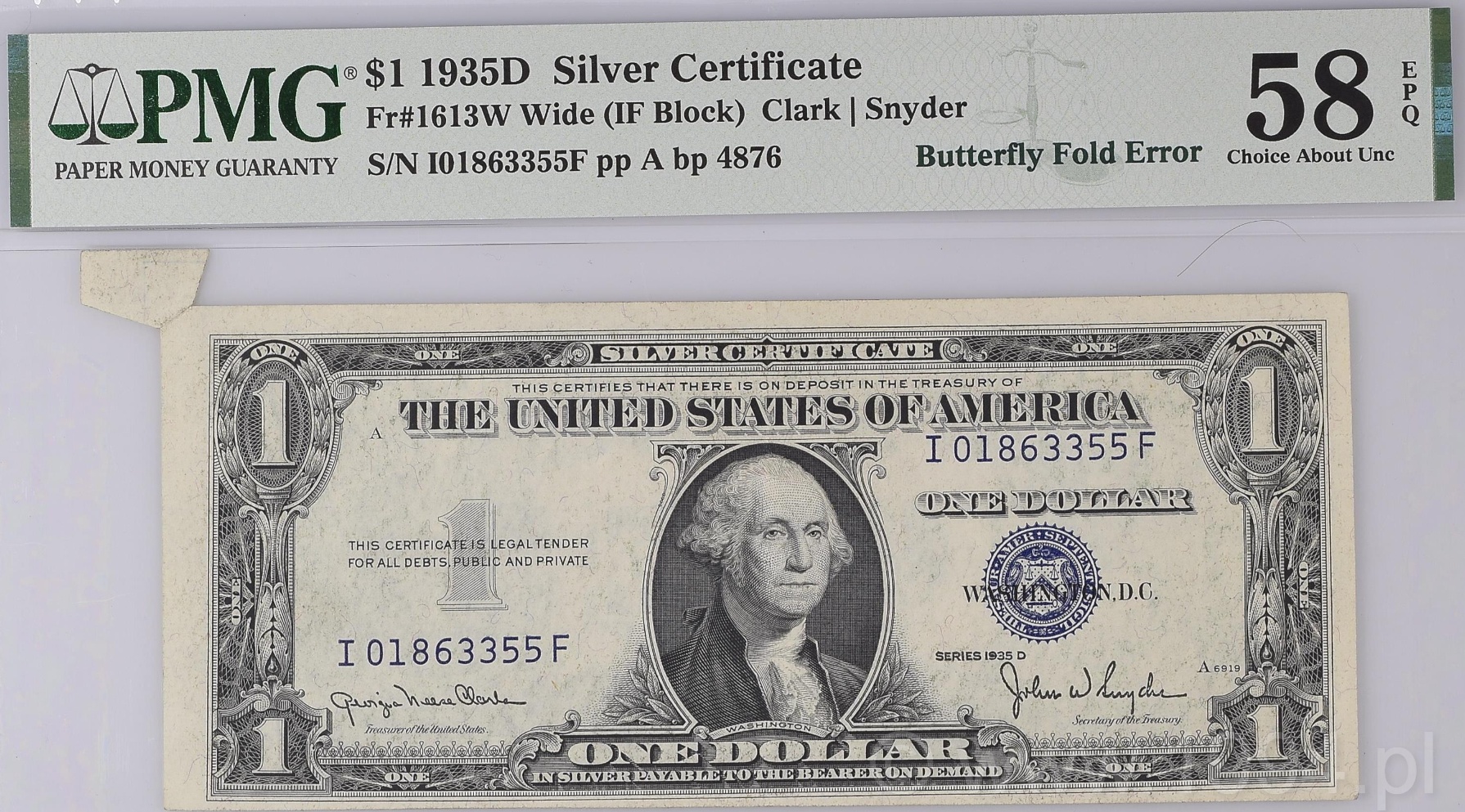 United States 1935D 1 Dollar Silver Certificate showing Butterfly Fold Error with upper left corner folded and partially printed, PMG 58 EPQ Choice About Uncirculated, blue seal issue signed by Clark and Snyder
