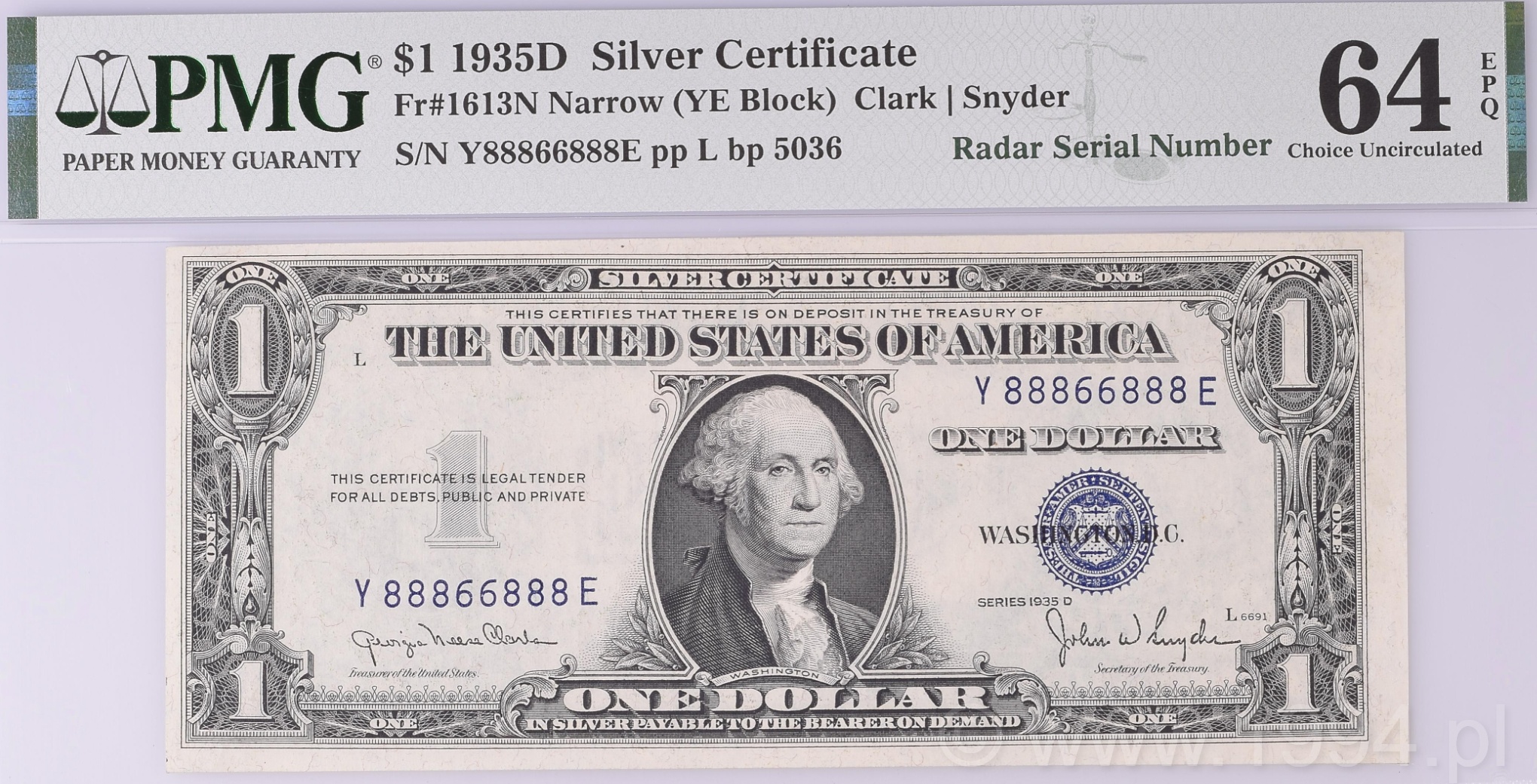 United States 1935D 1 Dollar Silver Certificate with Radar Serial Number Y88866888E, PMG 64 EPQ Choice Uncirculated, blue seal issue signed by Clark and Snyder with mirror-symmetric serial pattern