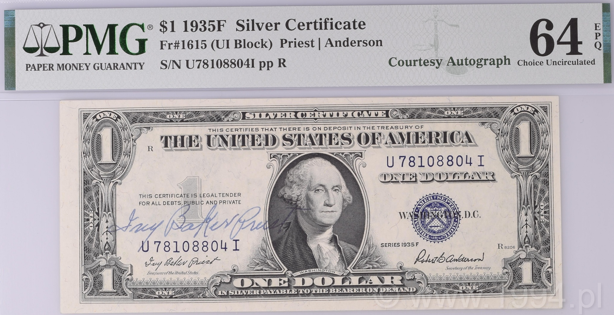 United States 1935F 1 Dollar Silver Certificate with Courtesy Autograph by Treasurer Ivy Baker Priest in blue ink, PMG 64 EPQ Choice Uncirculated, blue seal issue signed by Priest and Anderson