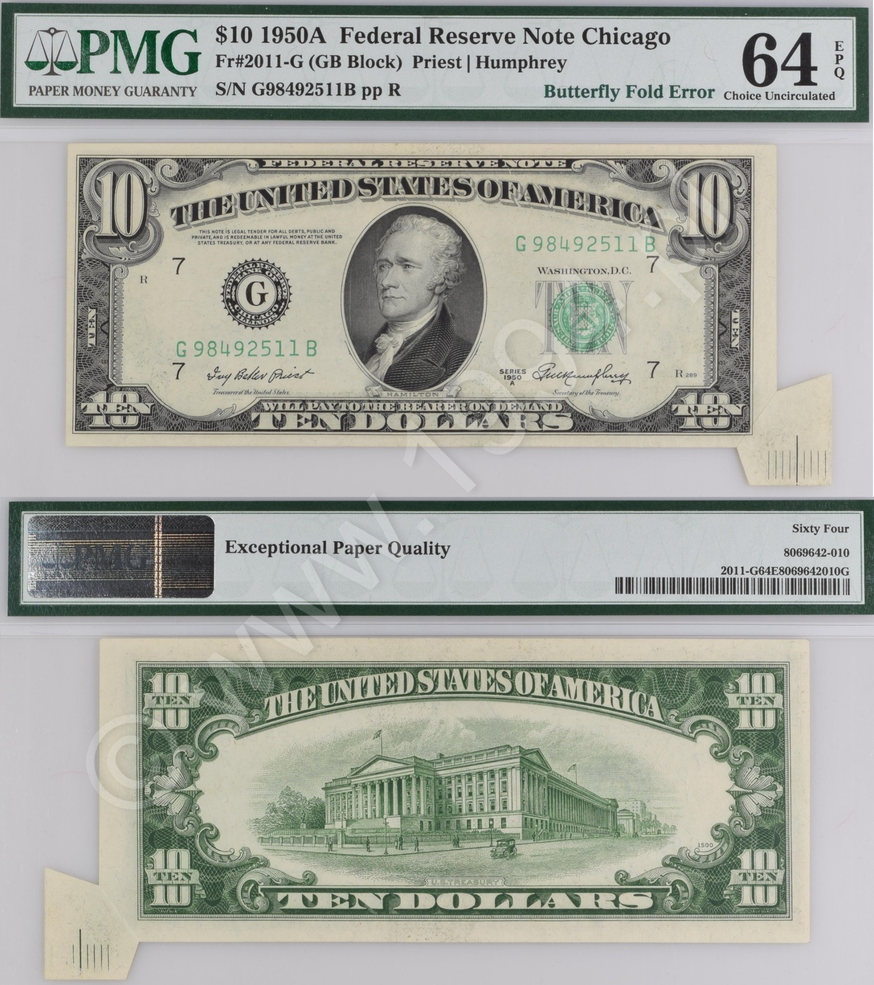 United States 1950A 10 Dollars Federal Reserve Note from the Chicago District with Butterfly Fold Error extending from the lower right corner, PMG 64 EPQ Choice Uncirculated, showing misprinted triangular fold pattern