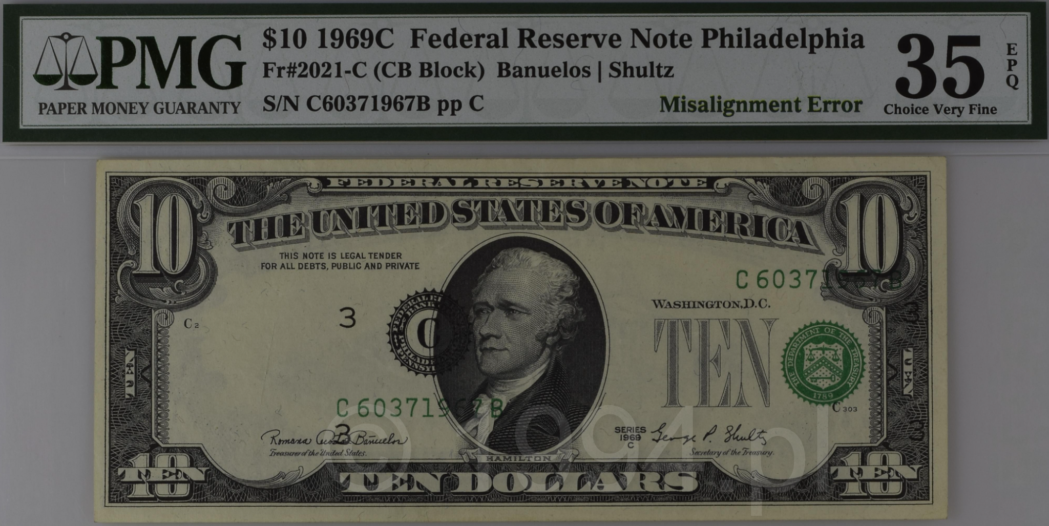 United States 1969C — 10 Dollars Federal Reserve Note, Philadelphia District, Overprint Misalignment Error (Friedberg 2021-C, CB Block), PMG 35 EPQ Choice Very Fine