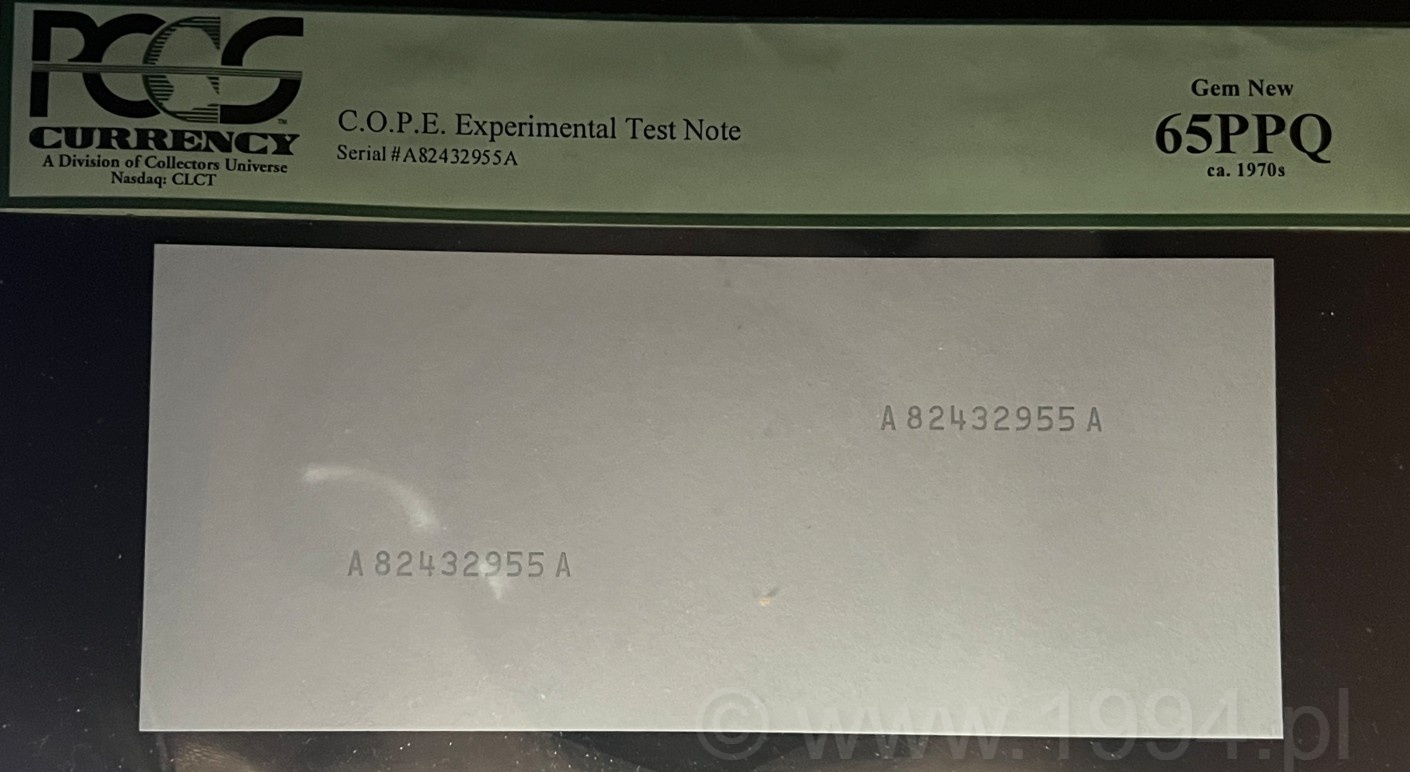 United States 1970s COPE Experimental Test Note serial A82432955A blank format PCGS 65 PPQ Gem New