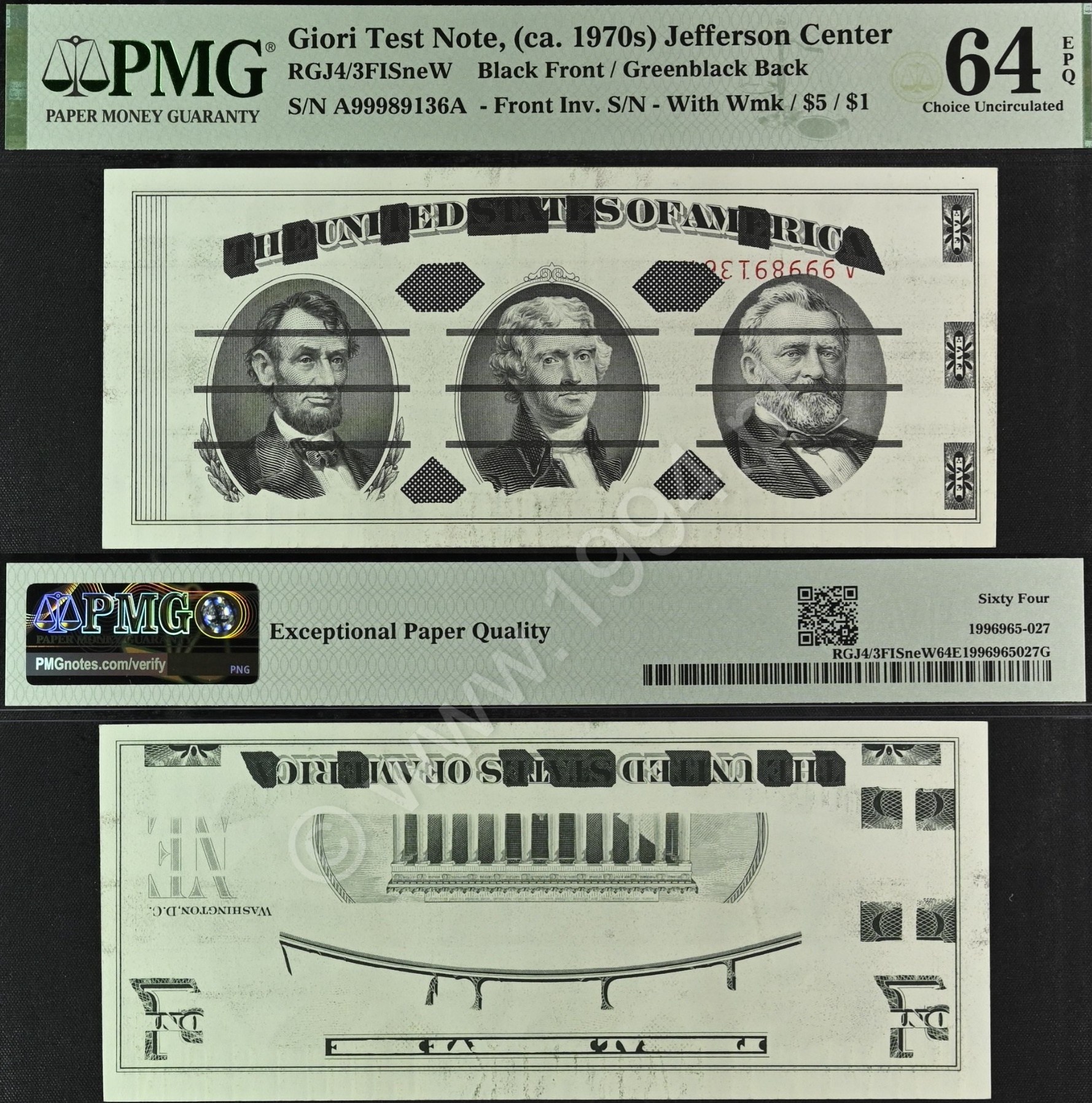 United States 1970s Giori Test Note Jefferson Center black front green back inverted red serial number CT68666 watermark PMG 64 EPQ Choice Uncirculated