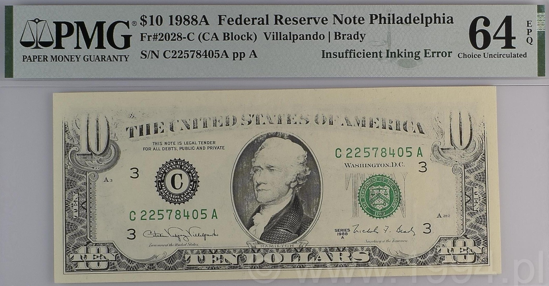 United States 1988A 10 Dollars Federal Reserve Note from the Philadelphia District showing Insufficient Inking Error on face with faded denomination medallions and title, PMG 64 EPQ Choice Uncirculated