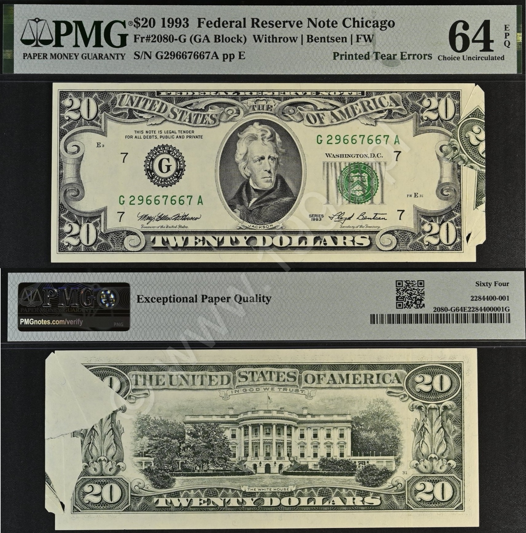 United States 1993 20 Dollars Federal Reserve Note from the Chicago District with dramatic Printed Tear Errors on both sides, PMG 64 EPQ Choice Uncirculated, showing folded and torn corners obstructing ink transfer