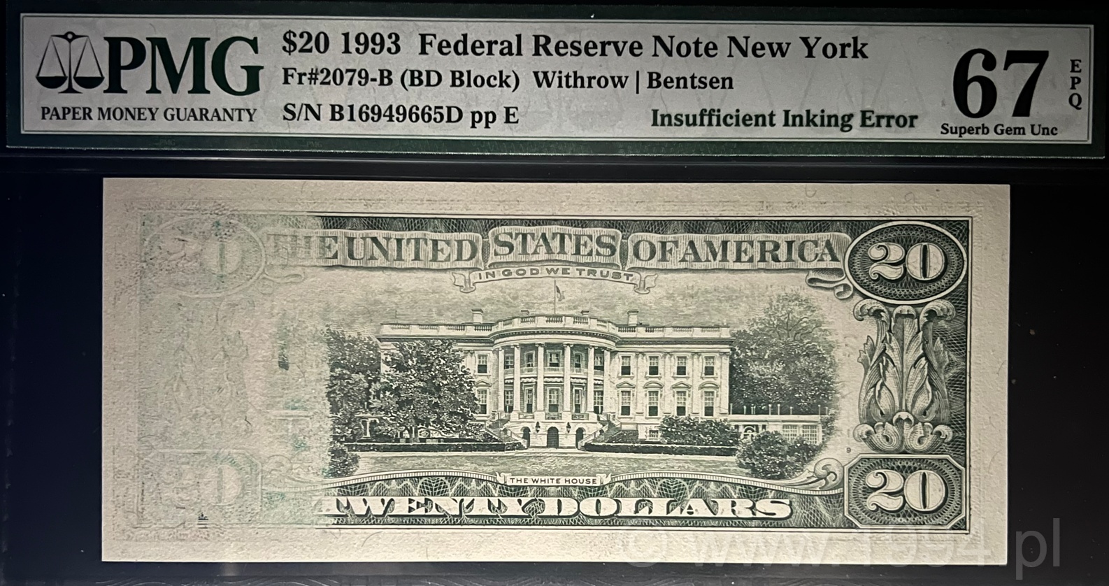 United States 1993 20 Dollars Federal Reserve Note from the New York District with Insufficient Inking Error on the reverse, PMG 67 EPQ Superb Gem Uncirculated, showing faint White House vignette and missing ink coverage