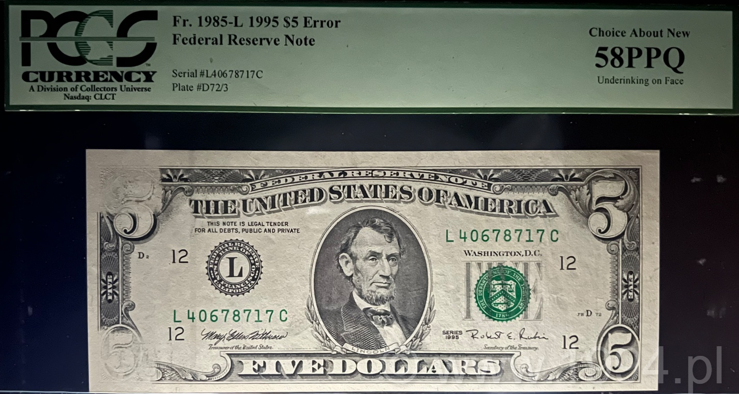 United States 1995 5 Dollars Federal Reserve Note from the Los Angeles District showing Insufficient Inking Error on Face with faded left-side border and corner medallions, PCGS 58 PPQ Choice About New