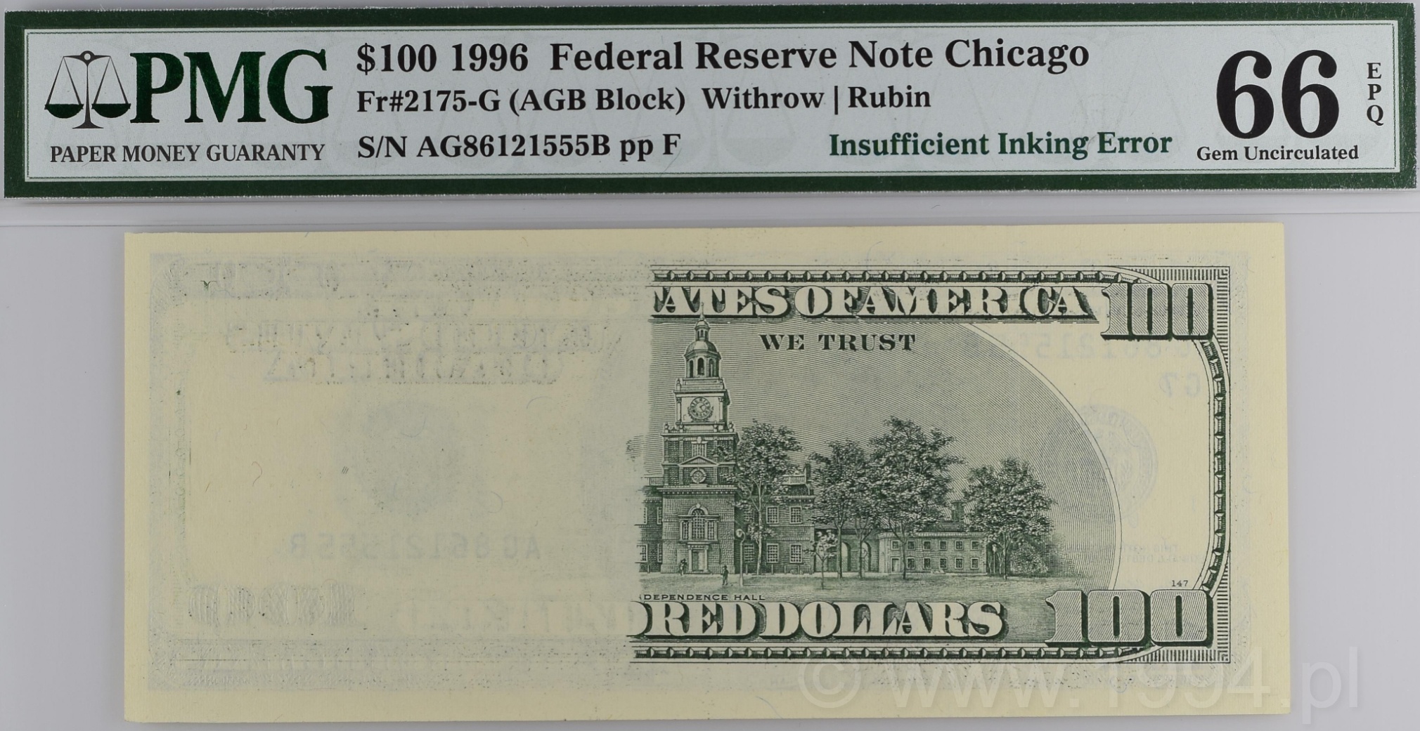 United States 1996 100 Dollars Federal Reserve Note from the Chicago District with Insufficient Inking Error on the reverse, PMG 66 EPQ Gem Uncirculated, showing faint Independence Hall design