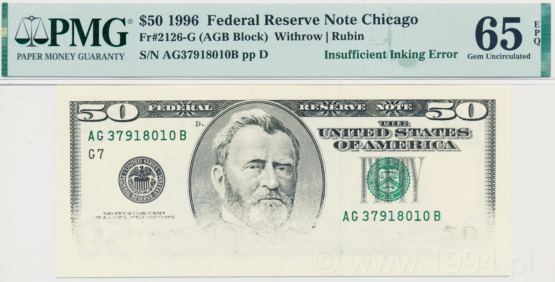 United States 1996 50 Dollars Federal Reserve Note from the Chicago District with Insufficient Inking Error affecting the left side of the obverse, PMG 65 EPQ Gem Uncirculated, portrait of Ulysses S. Grant visible with pale printing