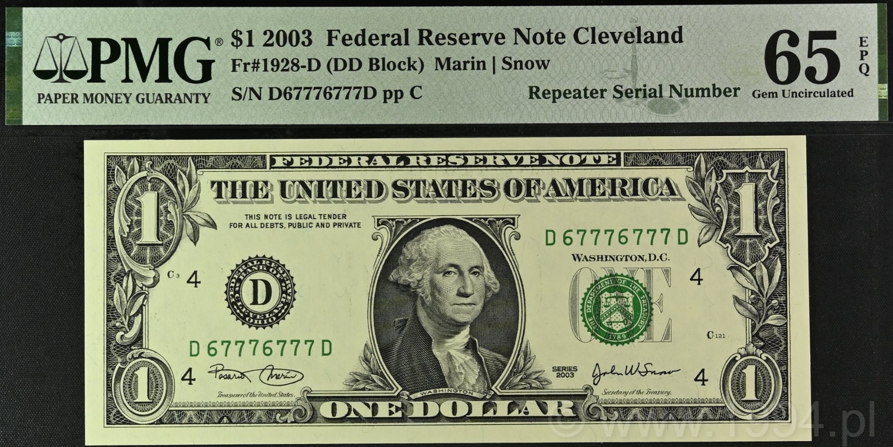 United States 2003 1 Dollar Federal Reserve Note from the Cleveland District featuring Repeater Serial Number D67776777D, PMG 65 EPQ Gem Uncirculated, with vibrant green seal and balanced centering